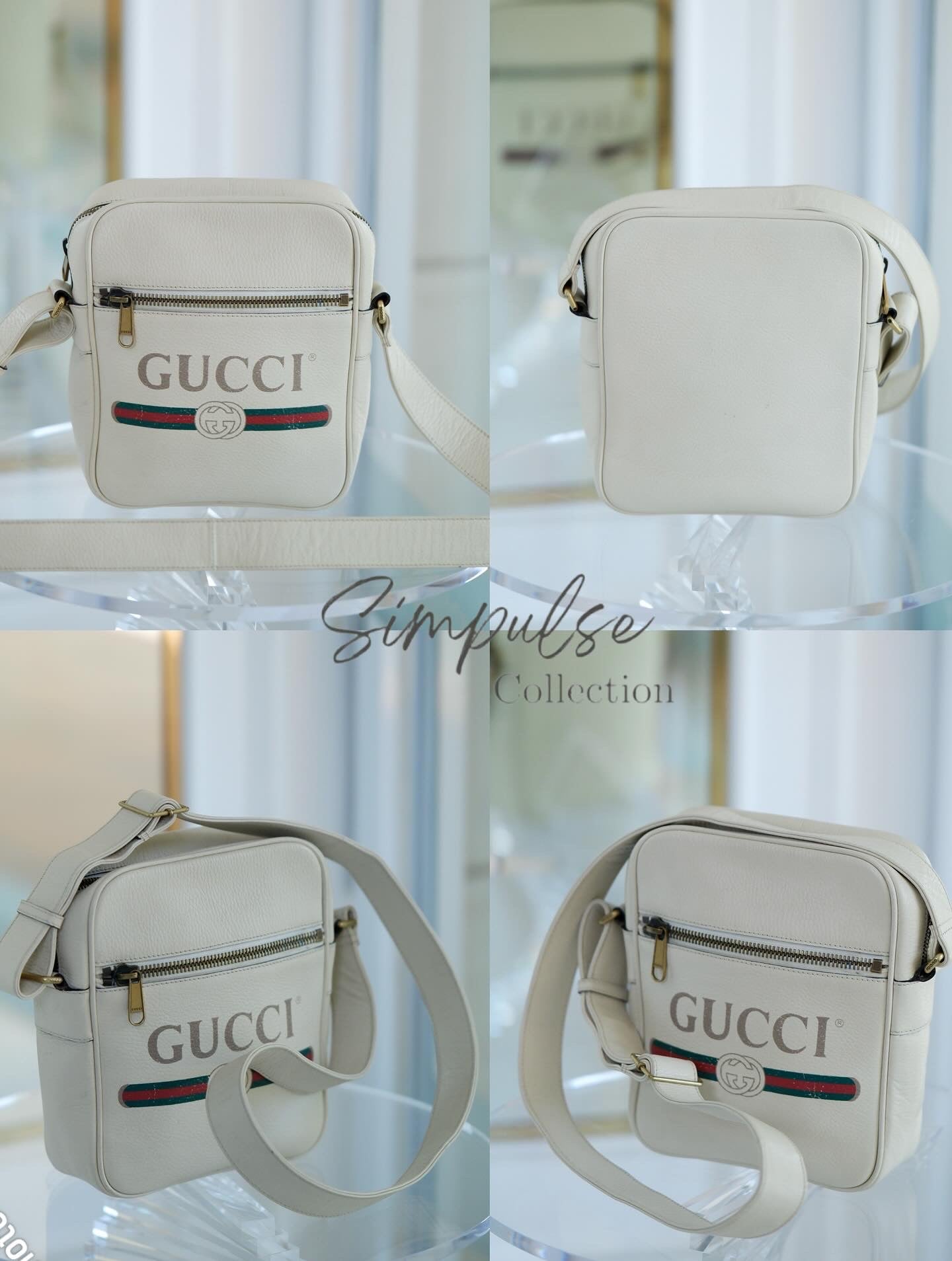 GUCCI White Grained Calfskin LOGO Messenger Bag