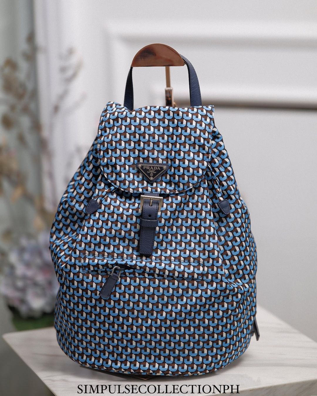P Tessuto Stampato Drawstring Backpack Azzuro Blue