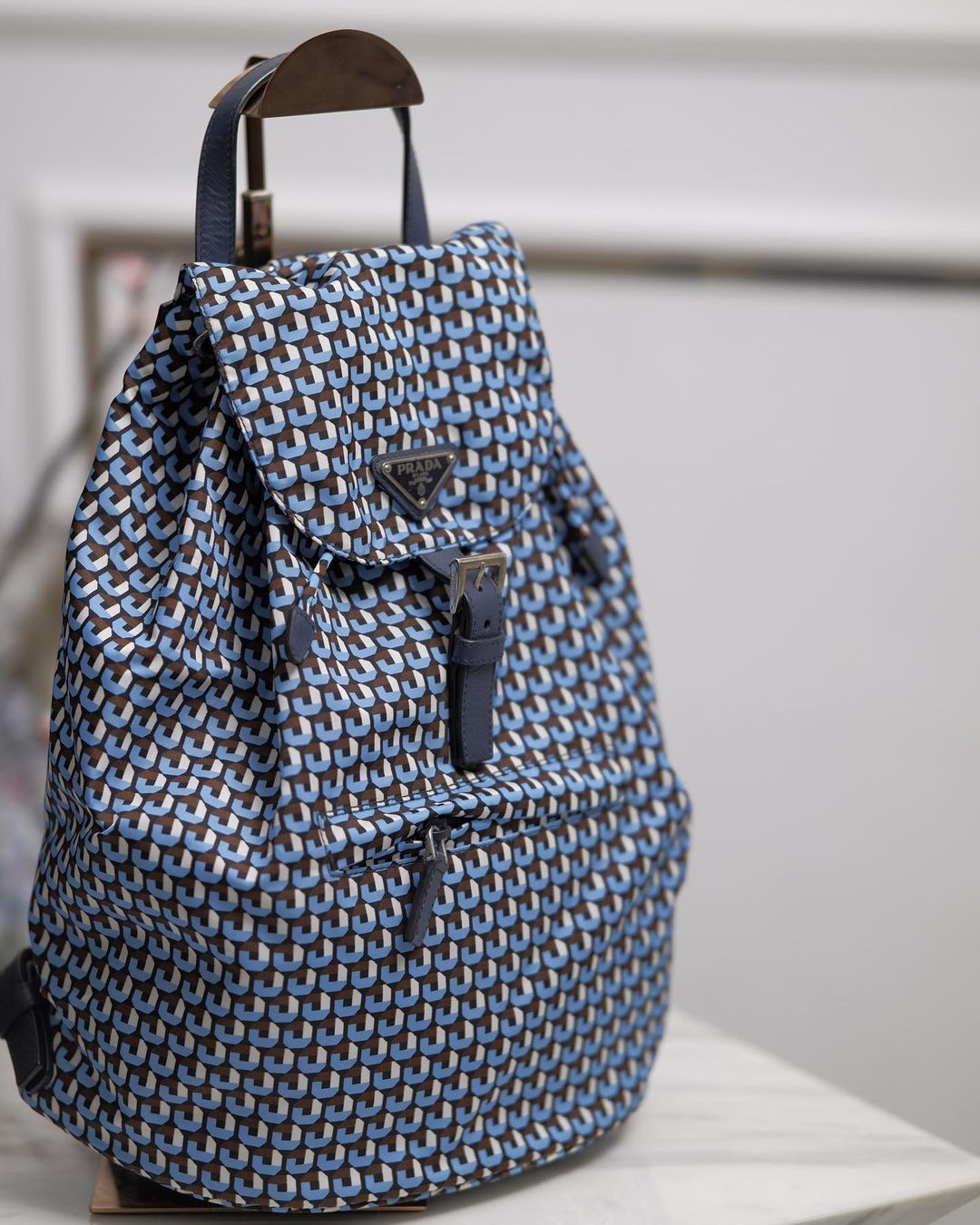 P Tessuto Stampato Drawstring Backpack Azzuro Blue
