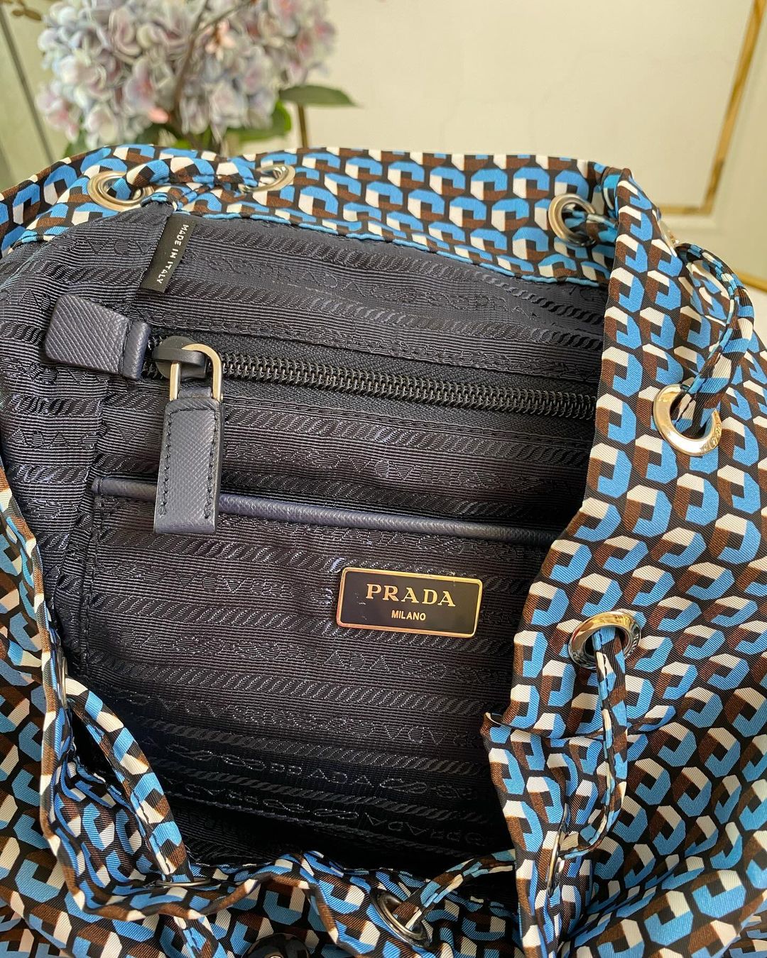 P Tessuto Stampato Drawstring Backpack Azzuro Blue