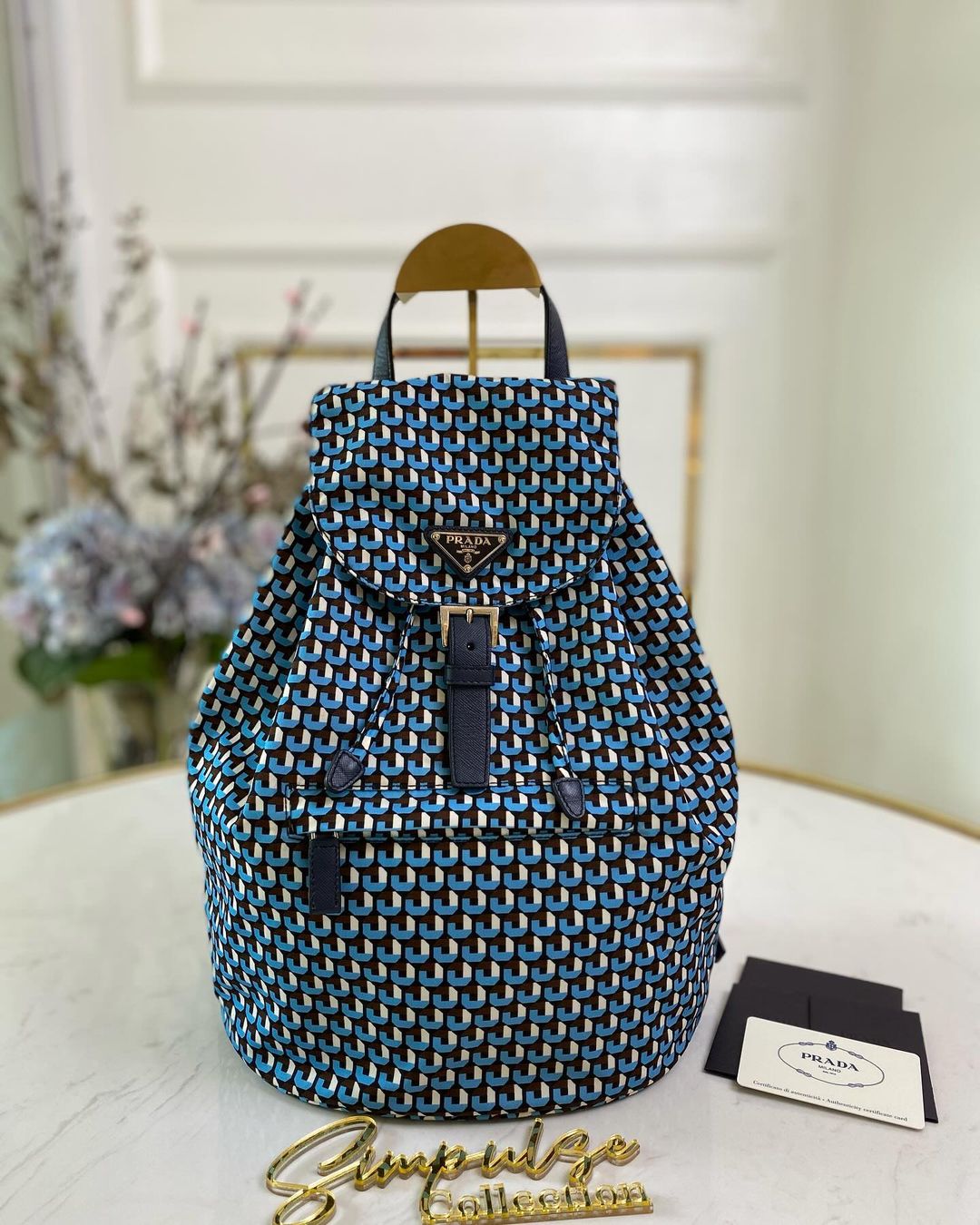P Tessuto Stampato Drawstring Backpack Azzuro Blue