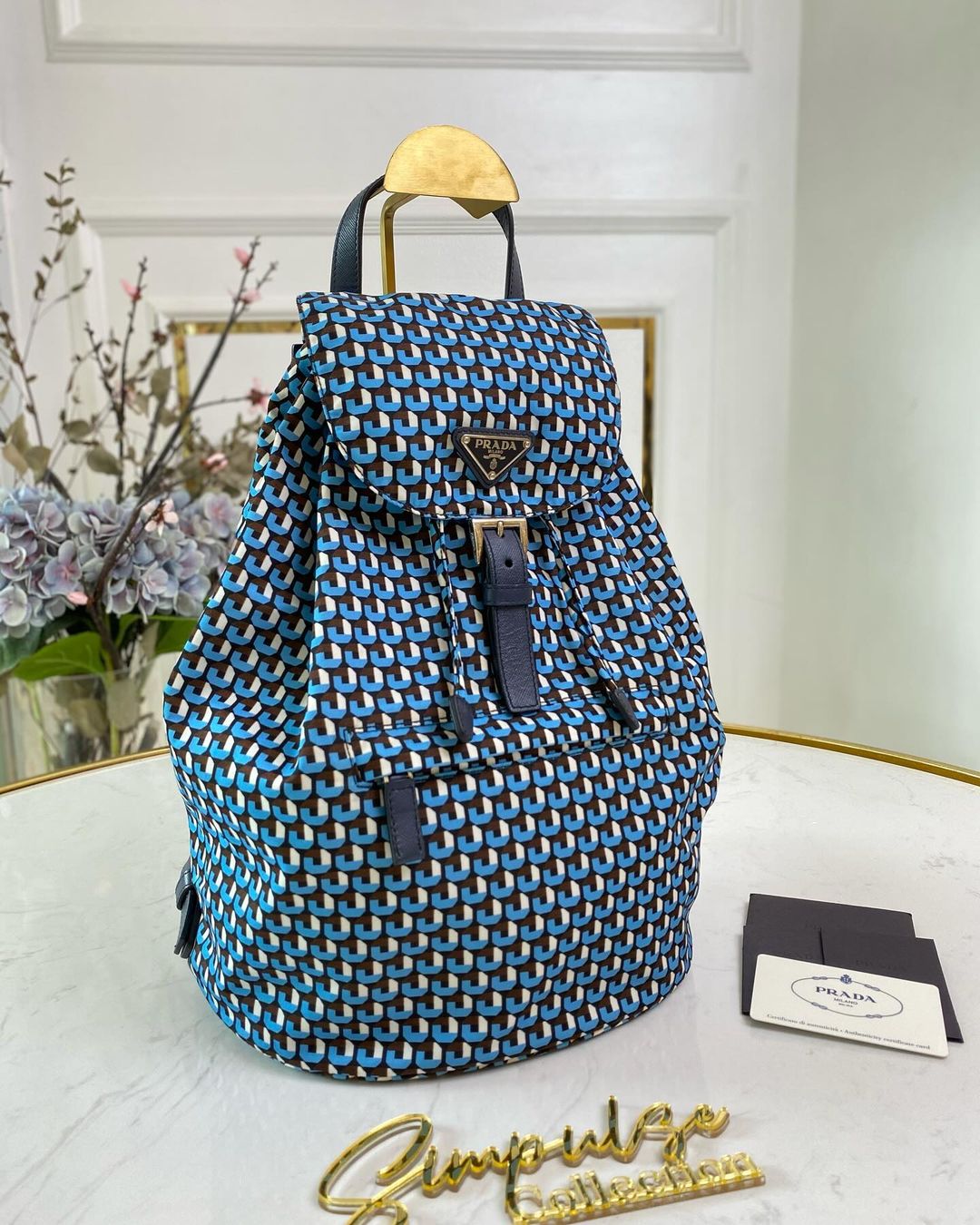 P Tessuto Stampato Drawstring Backpack Azzuro Blue