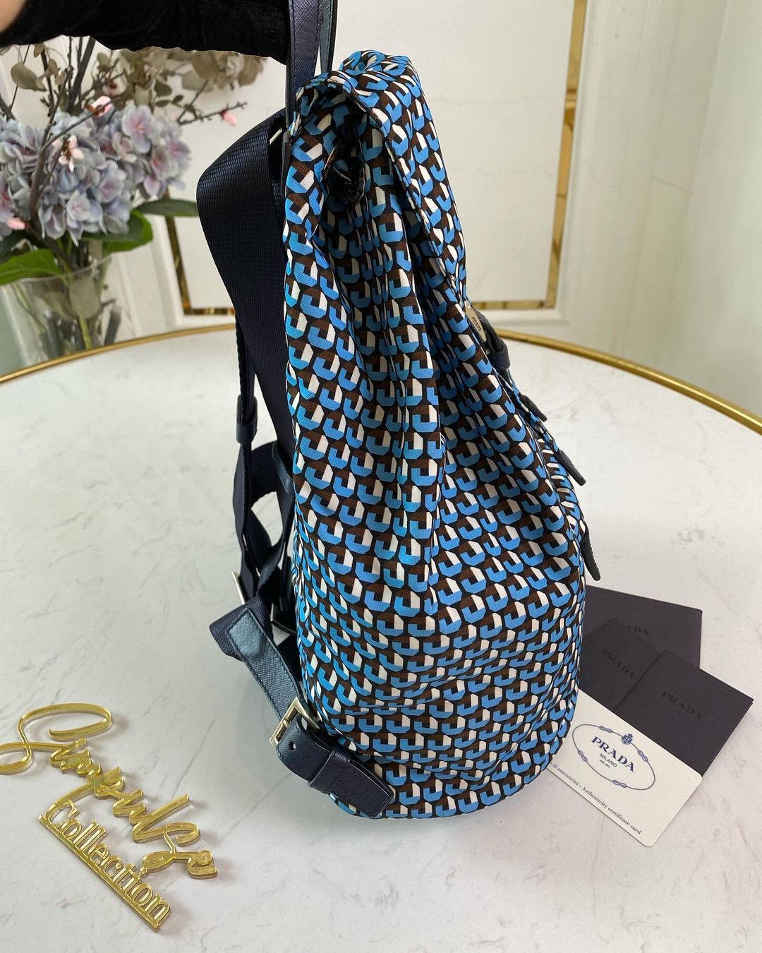 P Tessuto Stampato Drawstring Backpack Azzuro Blue