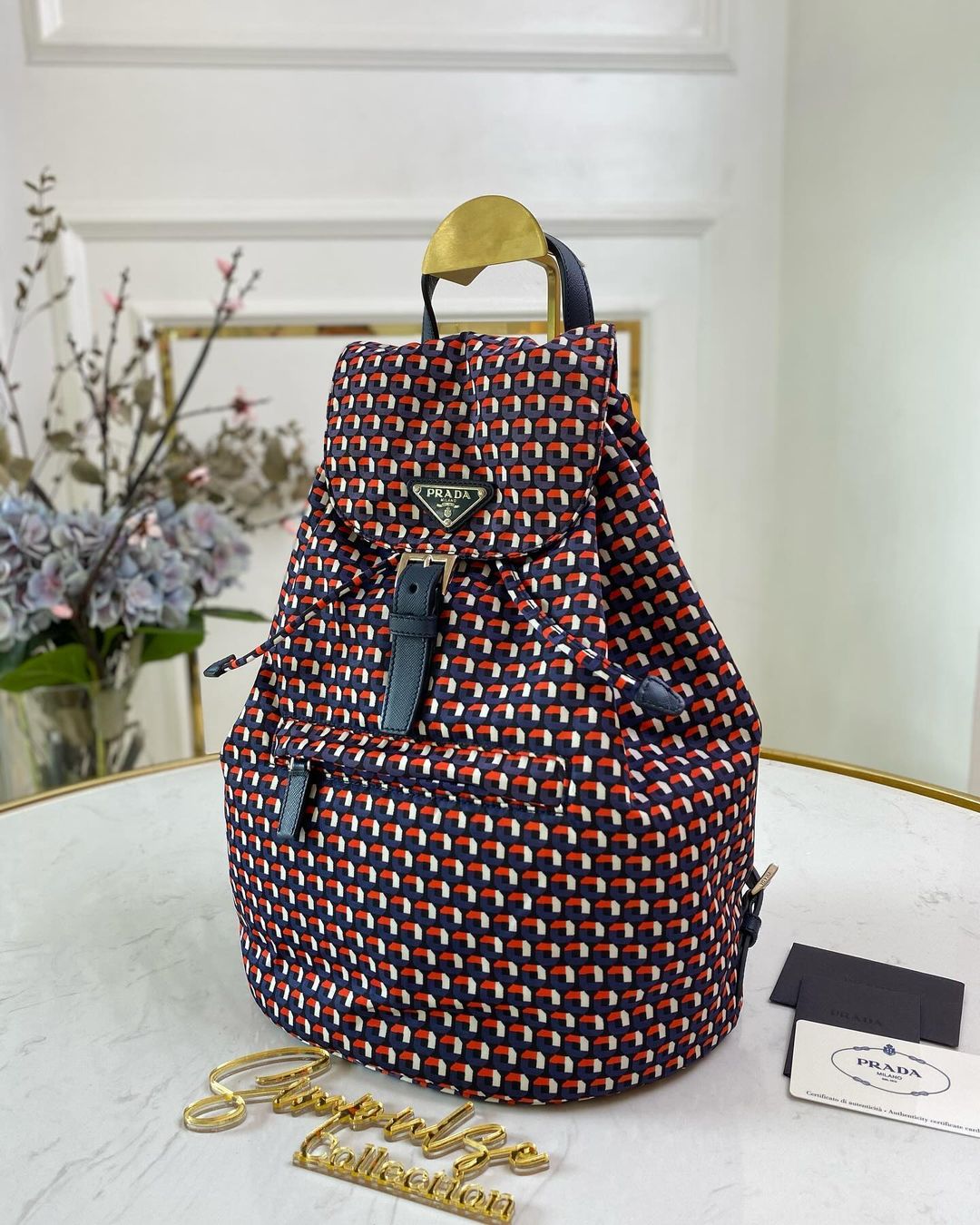 P Tessuto Stampato Drawstring Backpack Rosso Red