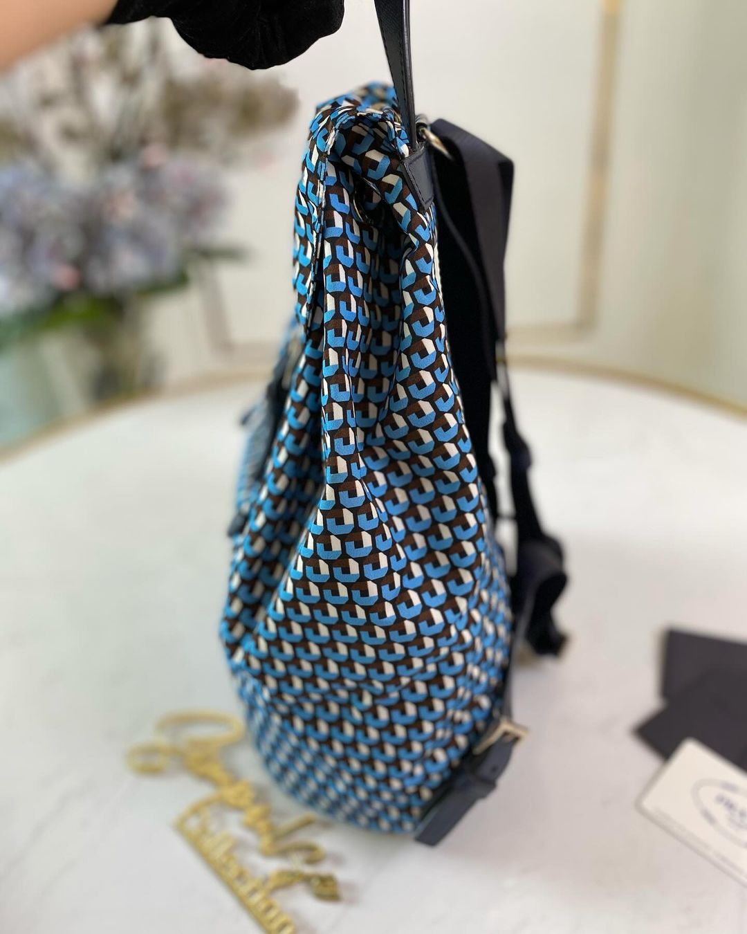 P Tessuto Stampato Drawstring Backpack Azzuro Blue