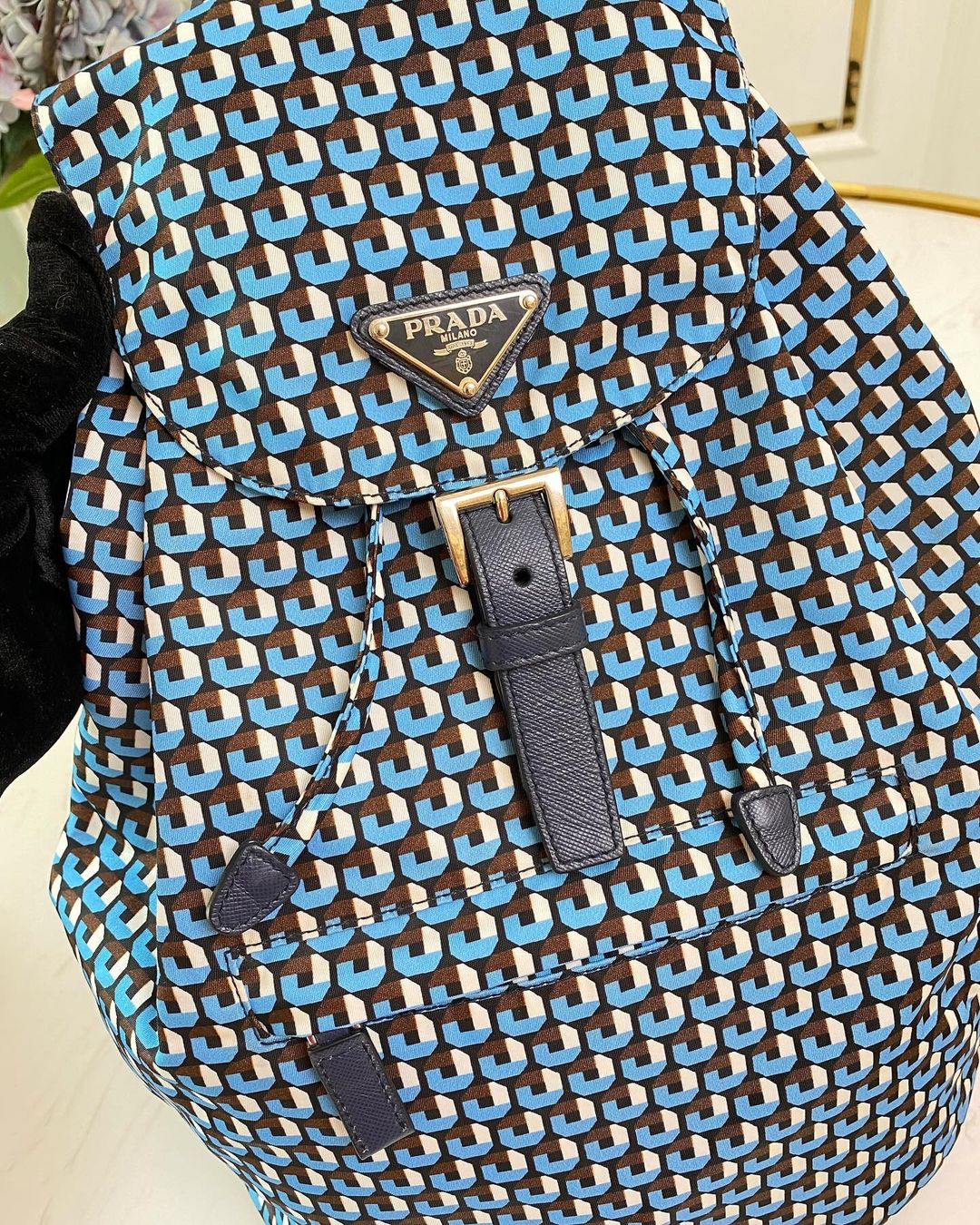 P Tessuto Stampato Drawstring Backpack Azzuro Blue