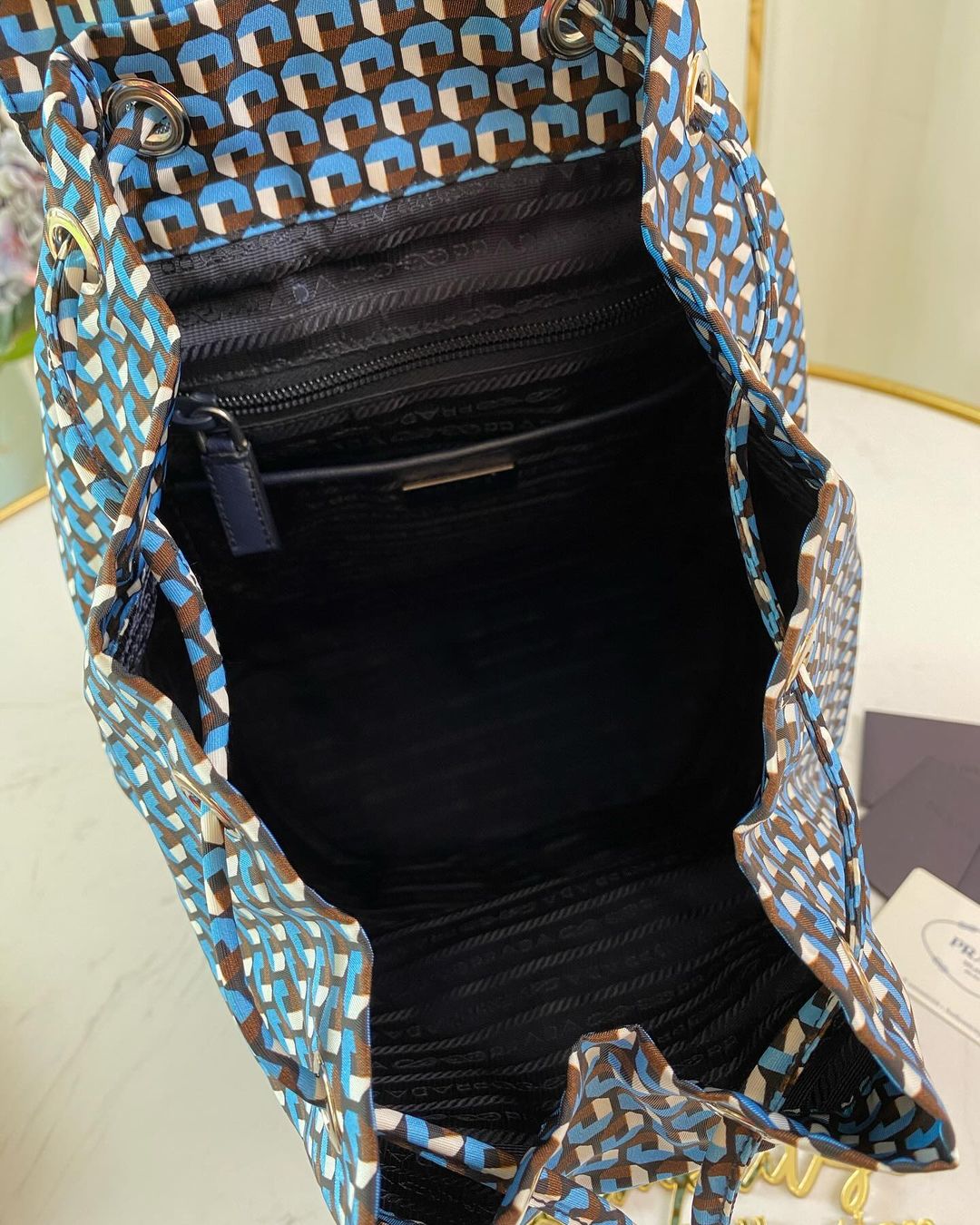 P Tessuto Stampato Drawstring Backpack Azzuro Blue