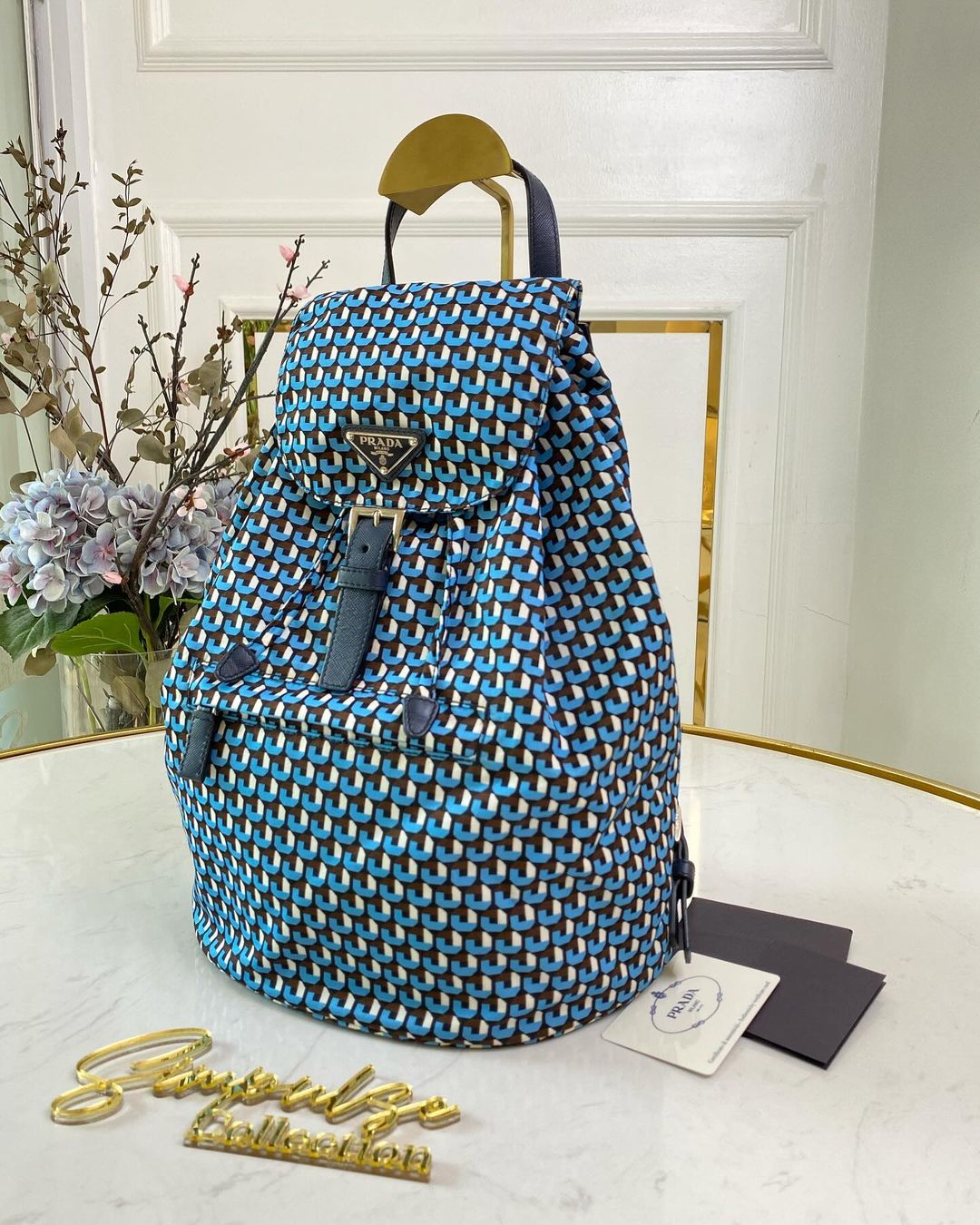 P Tessuto Stampato Drawstring Backpack Azzuro Blue