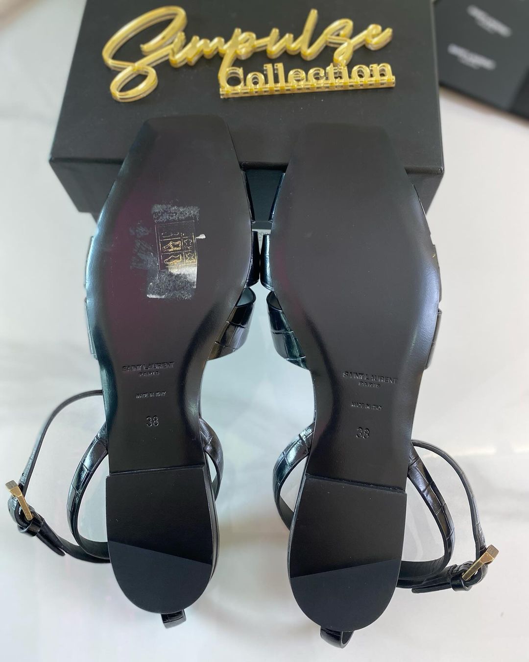 Yves Saint Laurent Tribute Croc Embossed Flat Sandal w/Strap