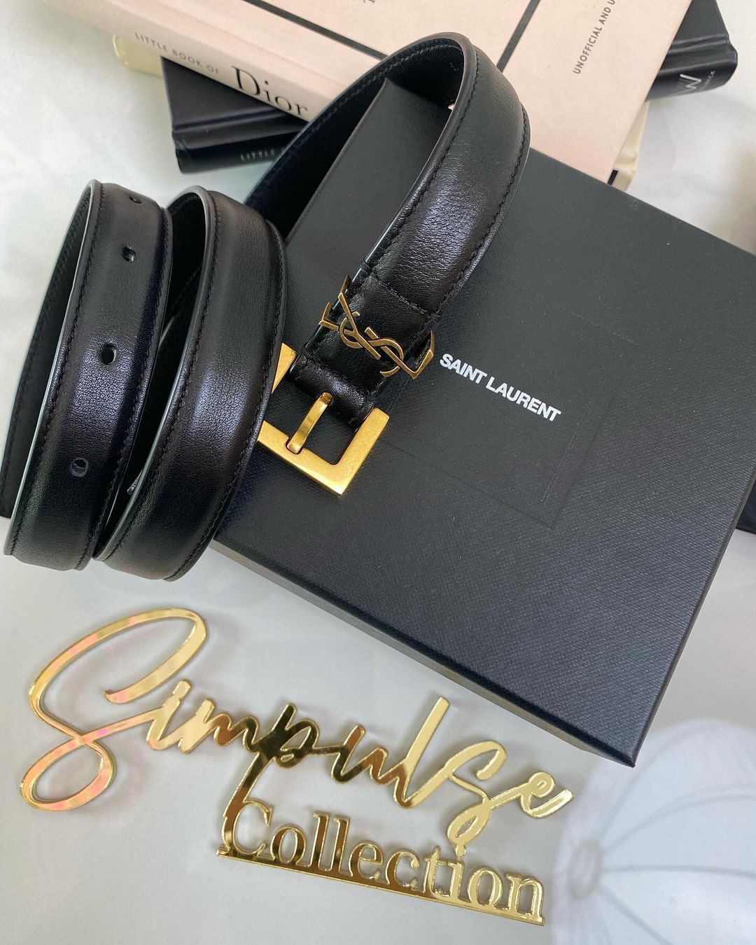 Yves Saint Laurent Cassandre Slim Black Leather Belt