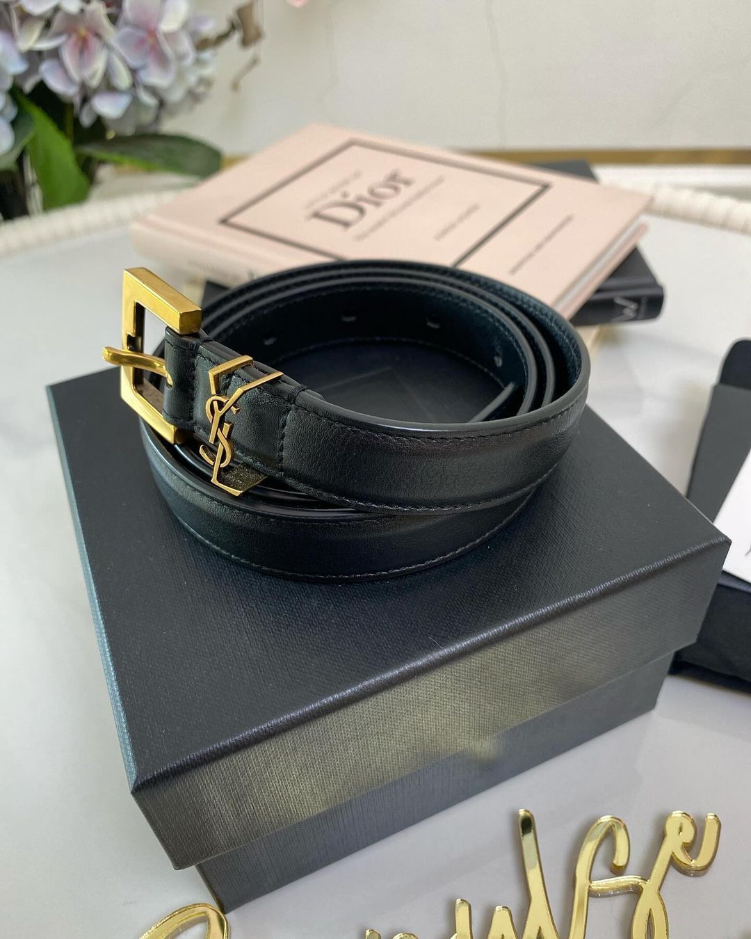 Yves Saint Laurent Cassandre Slim Black Leather Belt