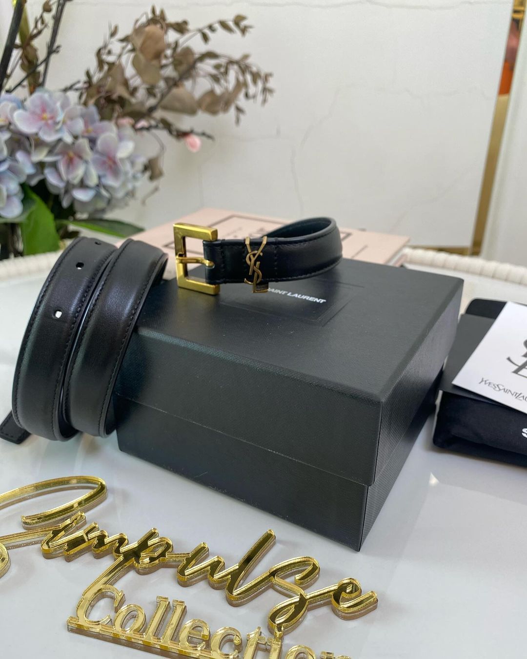 Yves Saint Laurent Cassandre Slim Black Leather Belt