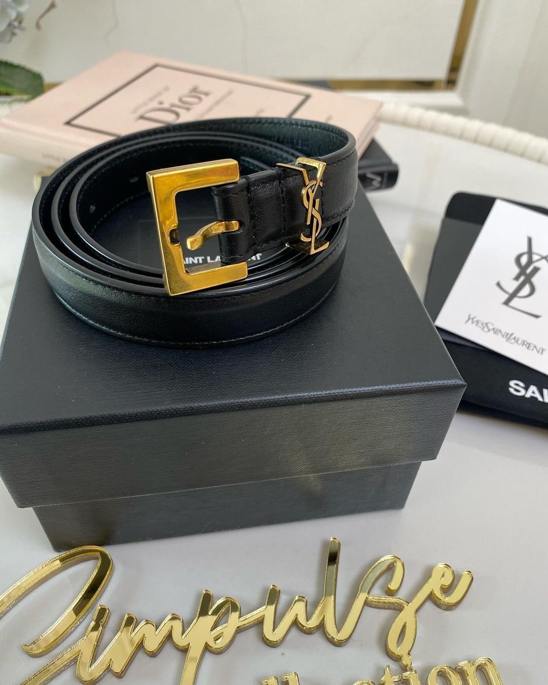 Yves Saint Laurent Cassandre Slim Black Leather Belt