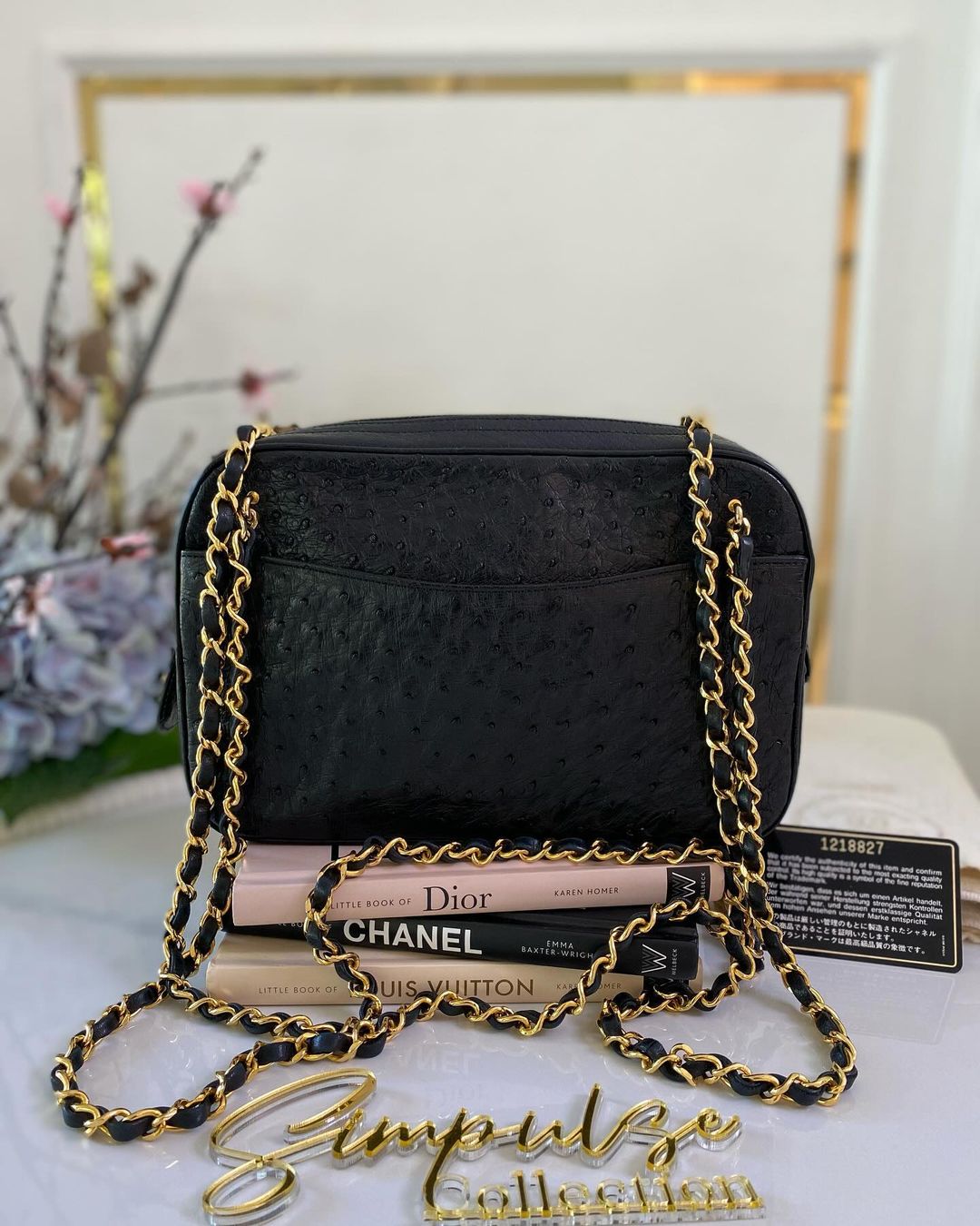 C Vintage Black Ostrich Leather Shoulder Bag