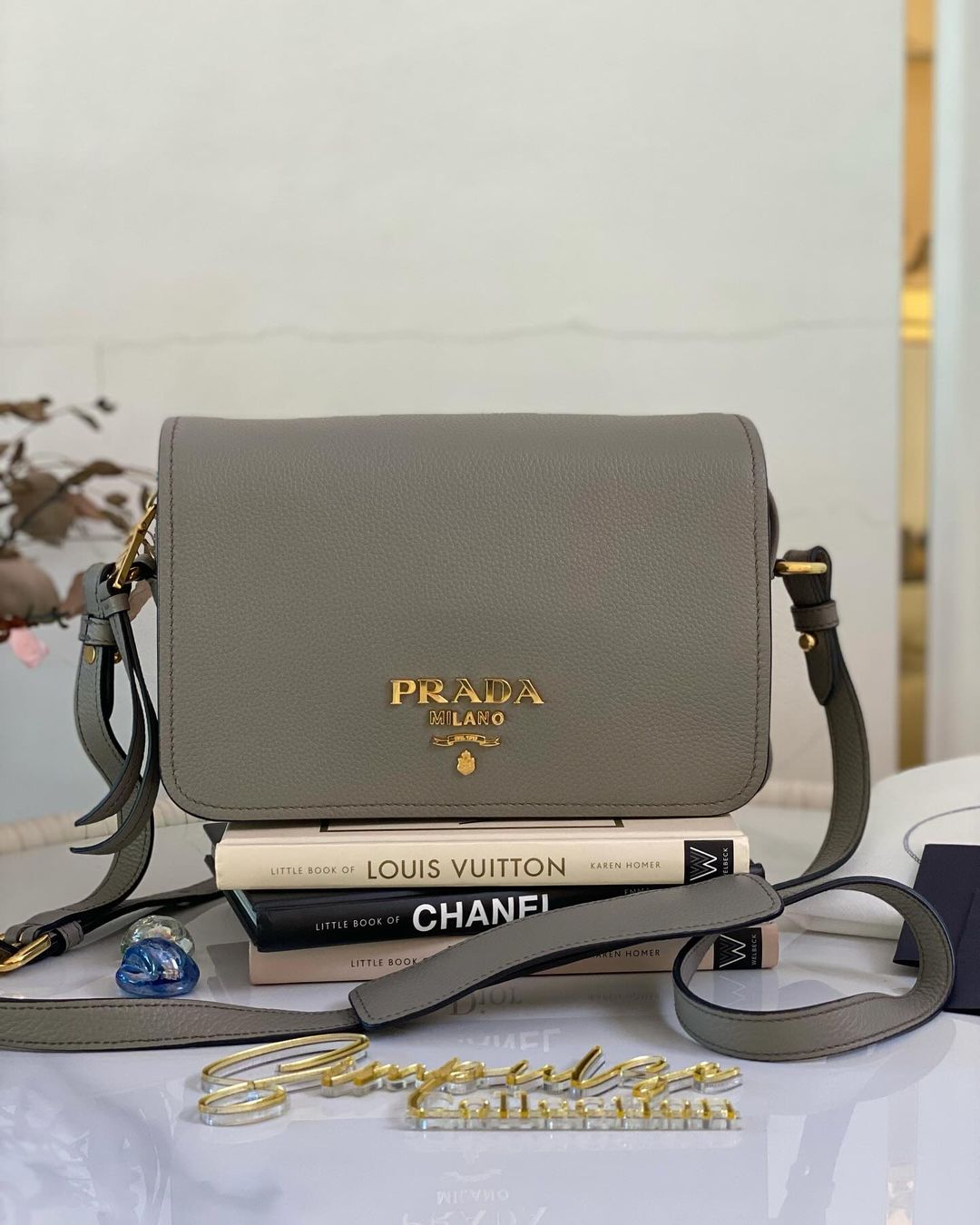 P Vitello Phenix Argilla Grey Leather Flap Crossbody