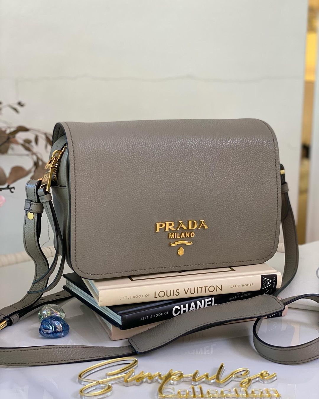 P Vitello Phenix Argilla Grey Leather Flap Crossbody