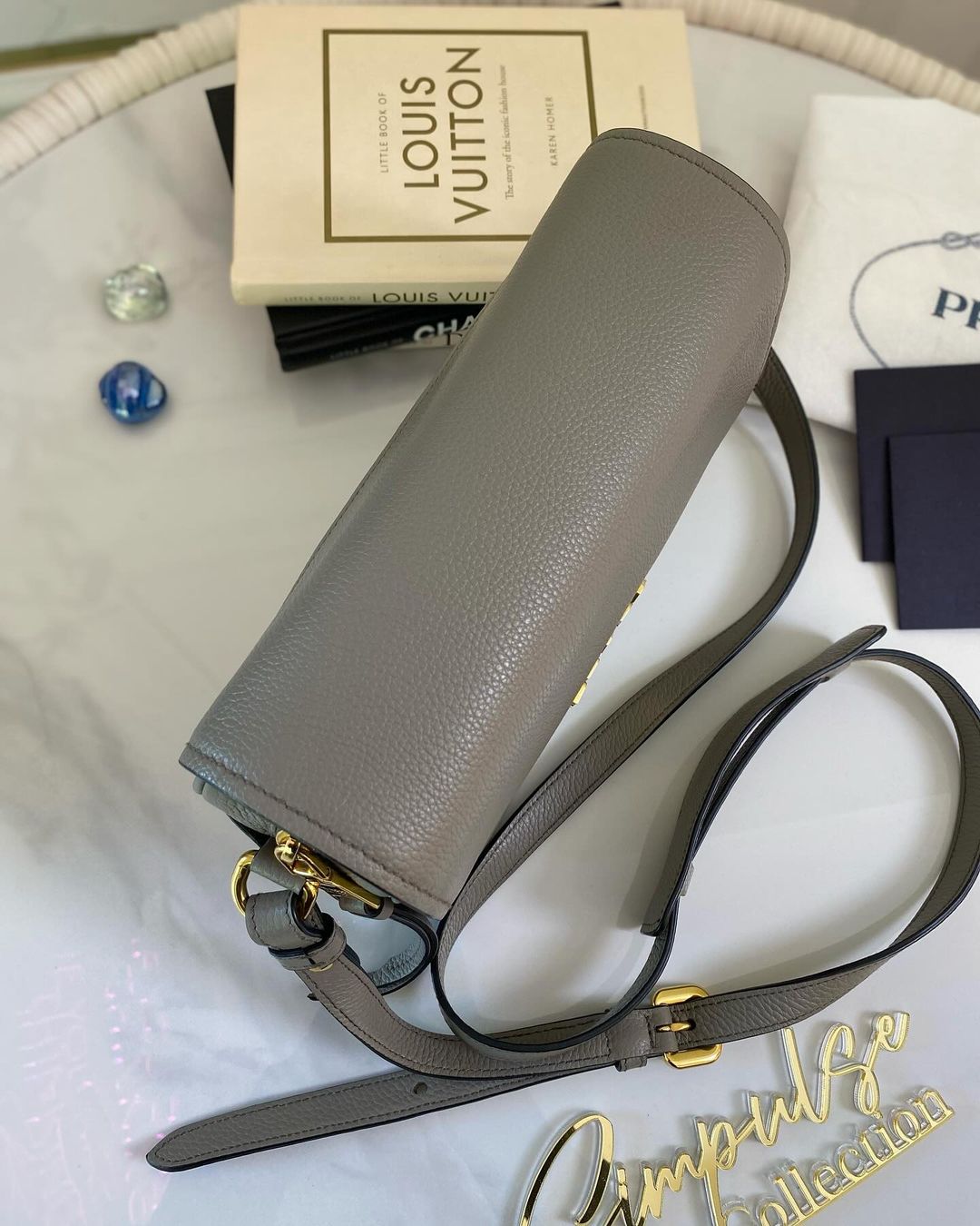 P Vitello Phenix Argilla Grey Leather Flap Crossbody