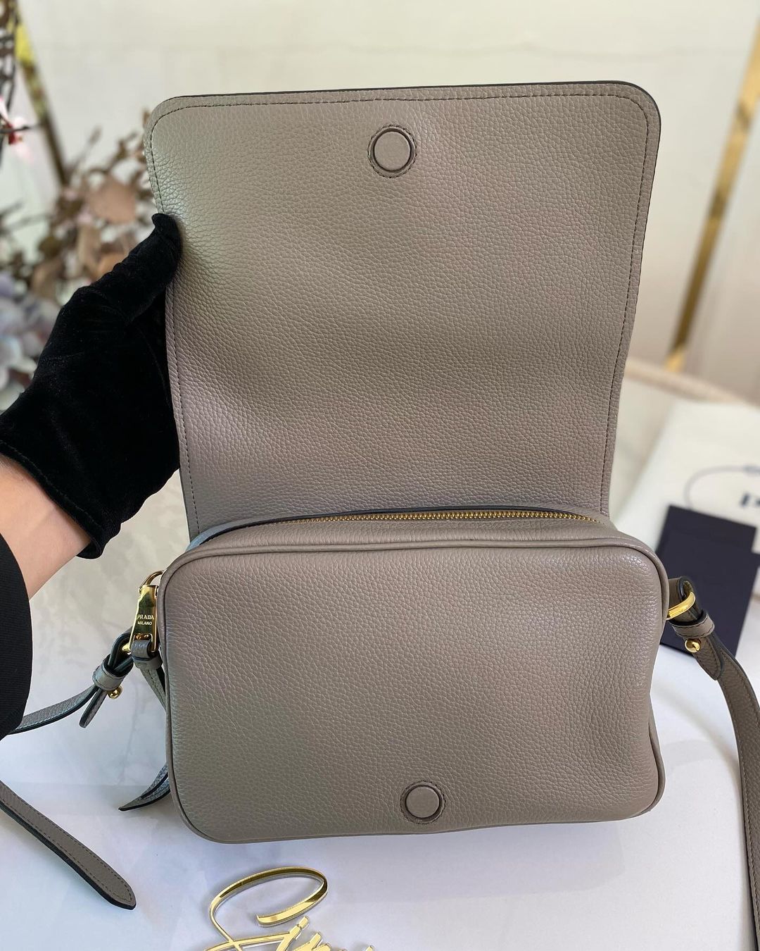 P Vitello Phenix Argilla Grey Leather Flap Crossbody