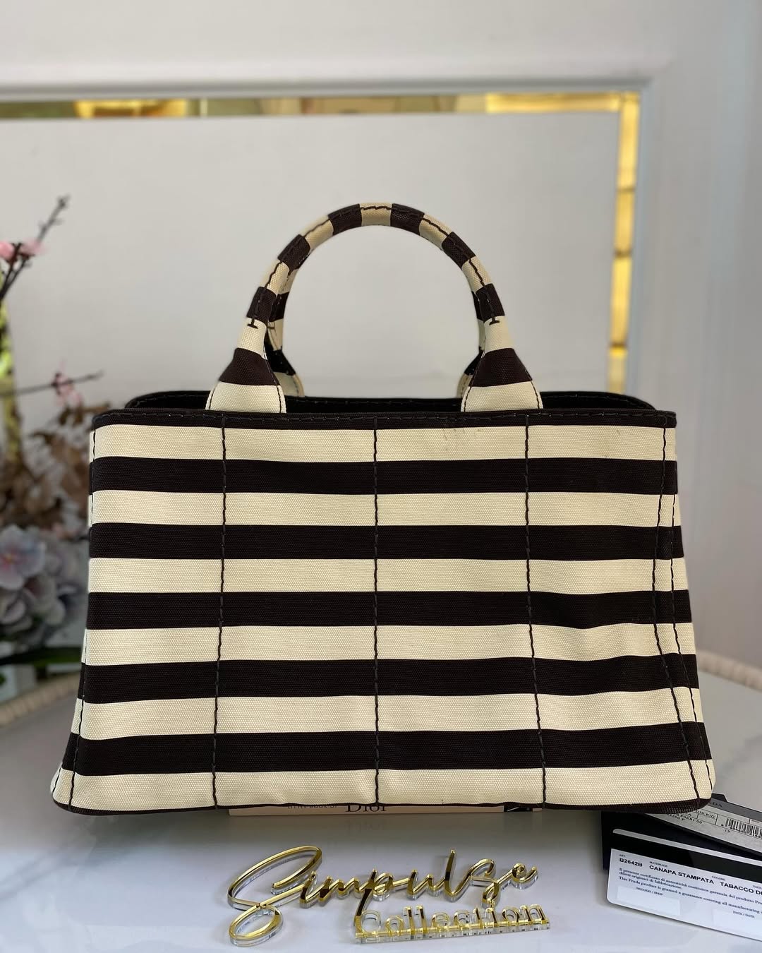 P Canapa Stripe Logo Medium Black Tote