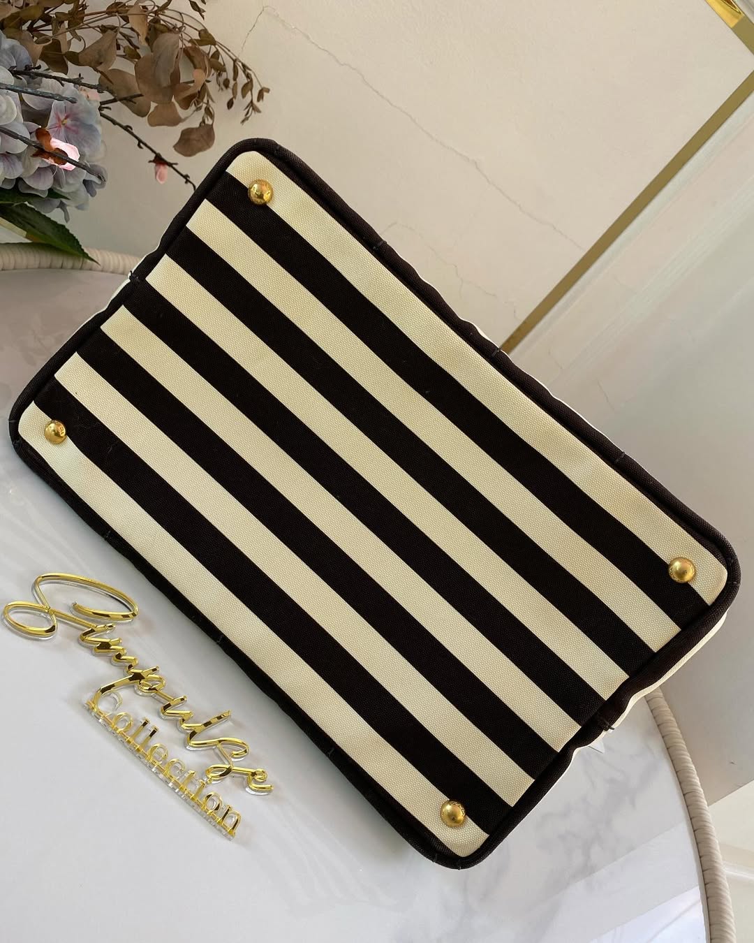 P Canapa Stripe Logo Medium Black Tote