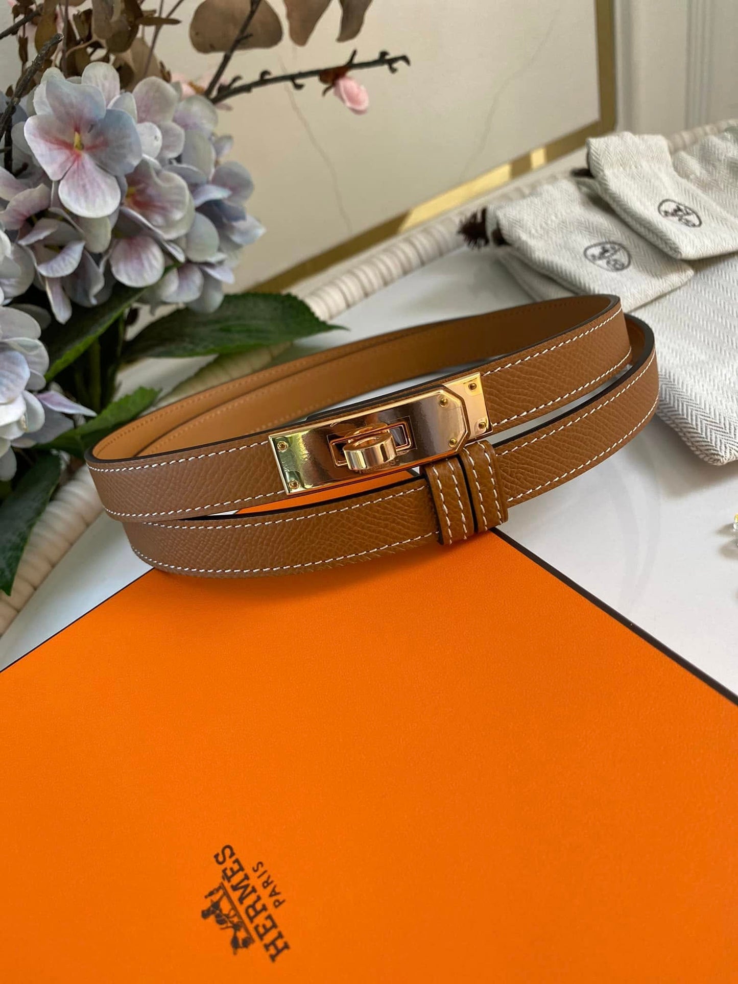 H Kelly Belt Tan GHW