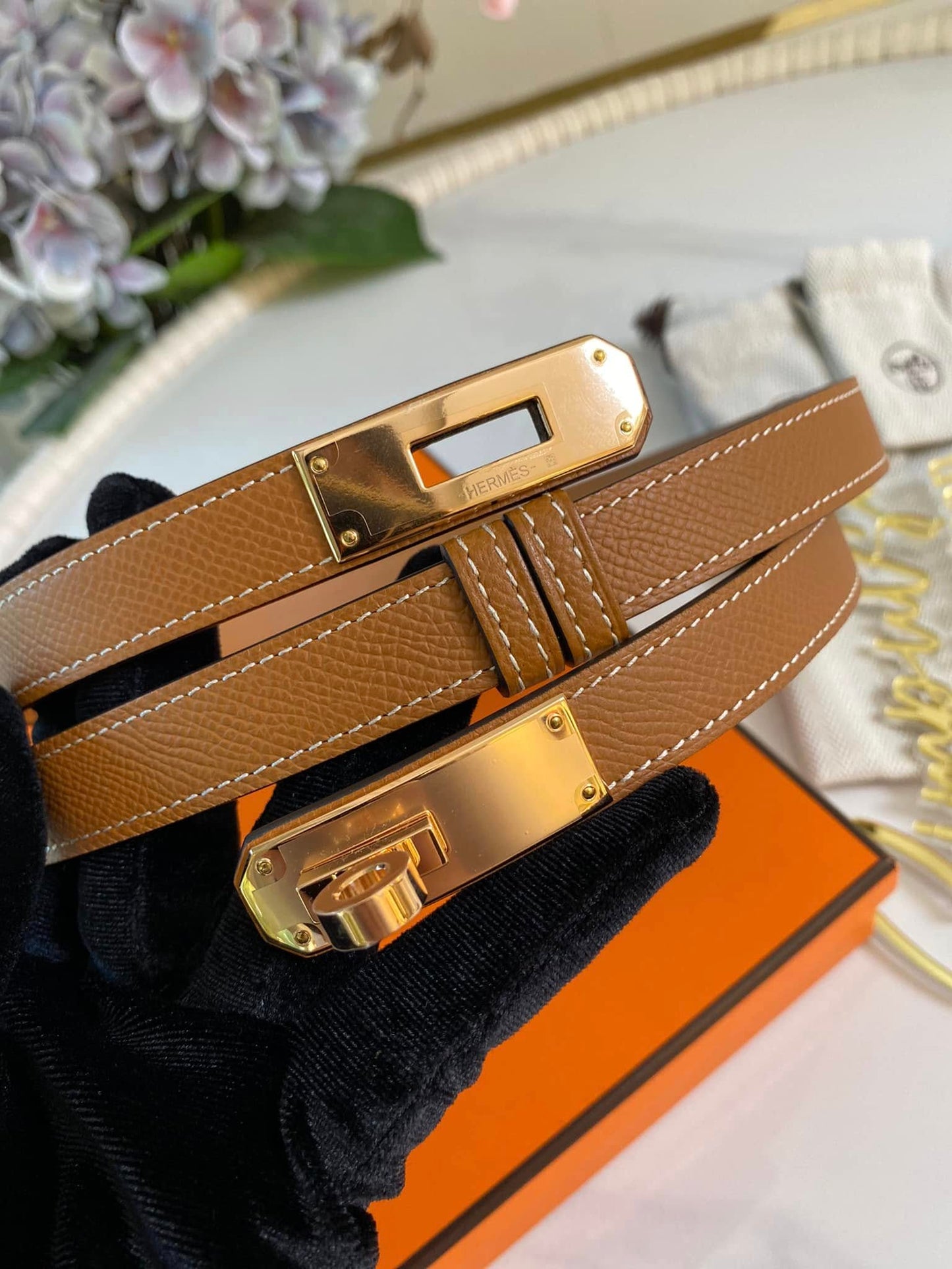H Kelly Belt Tan GHW
