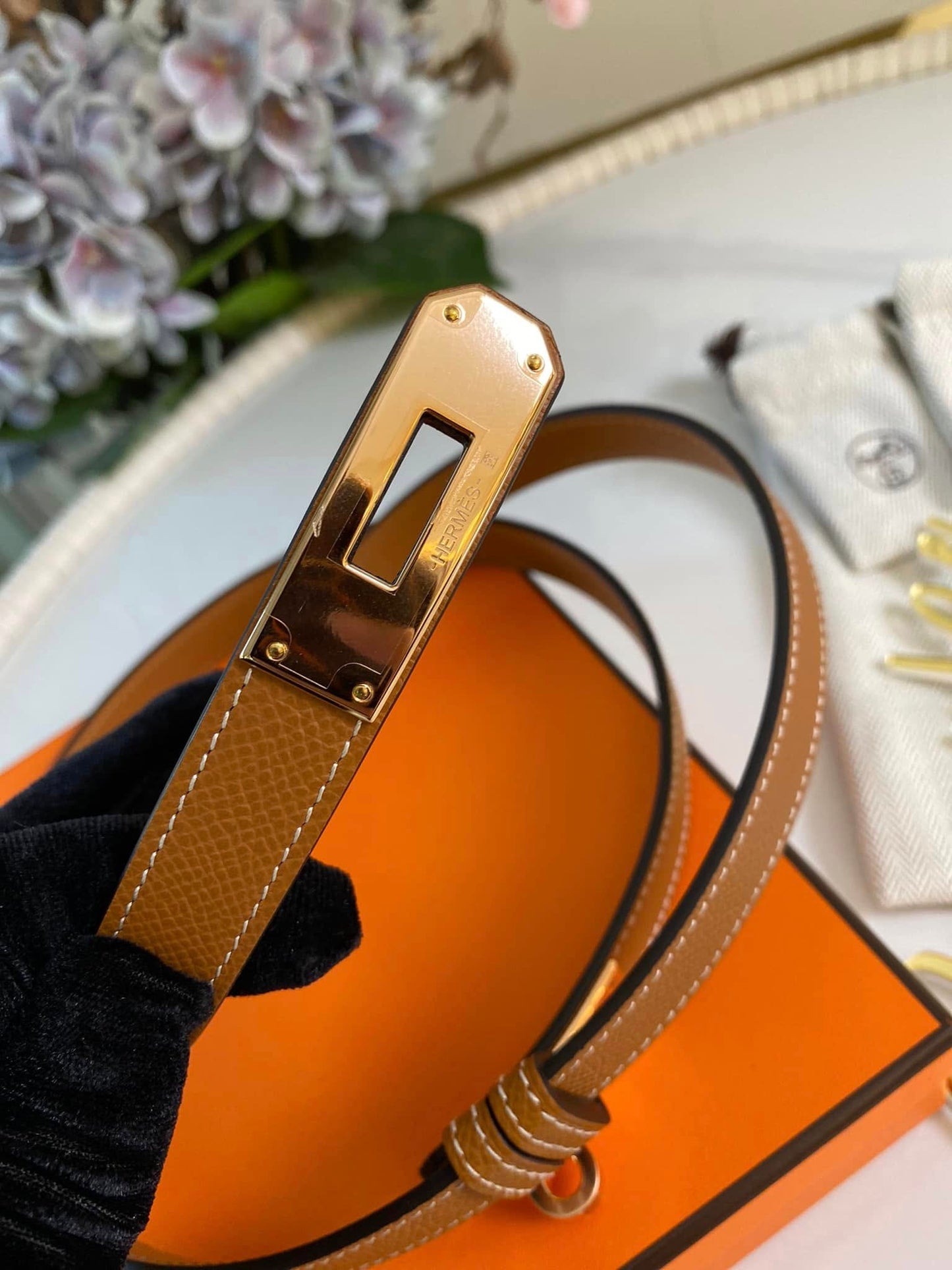 H Kelly Belt Tan GHW