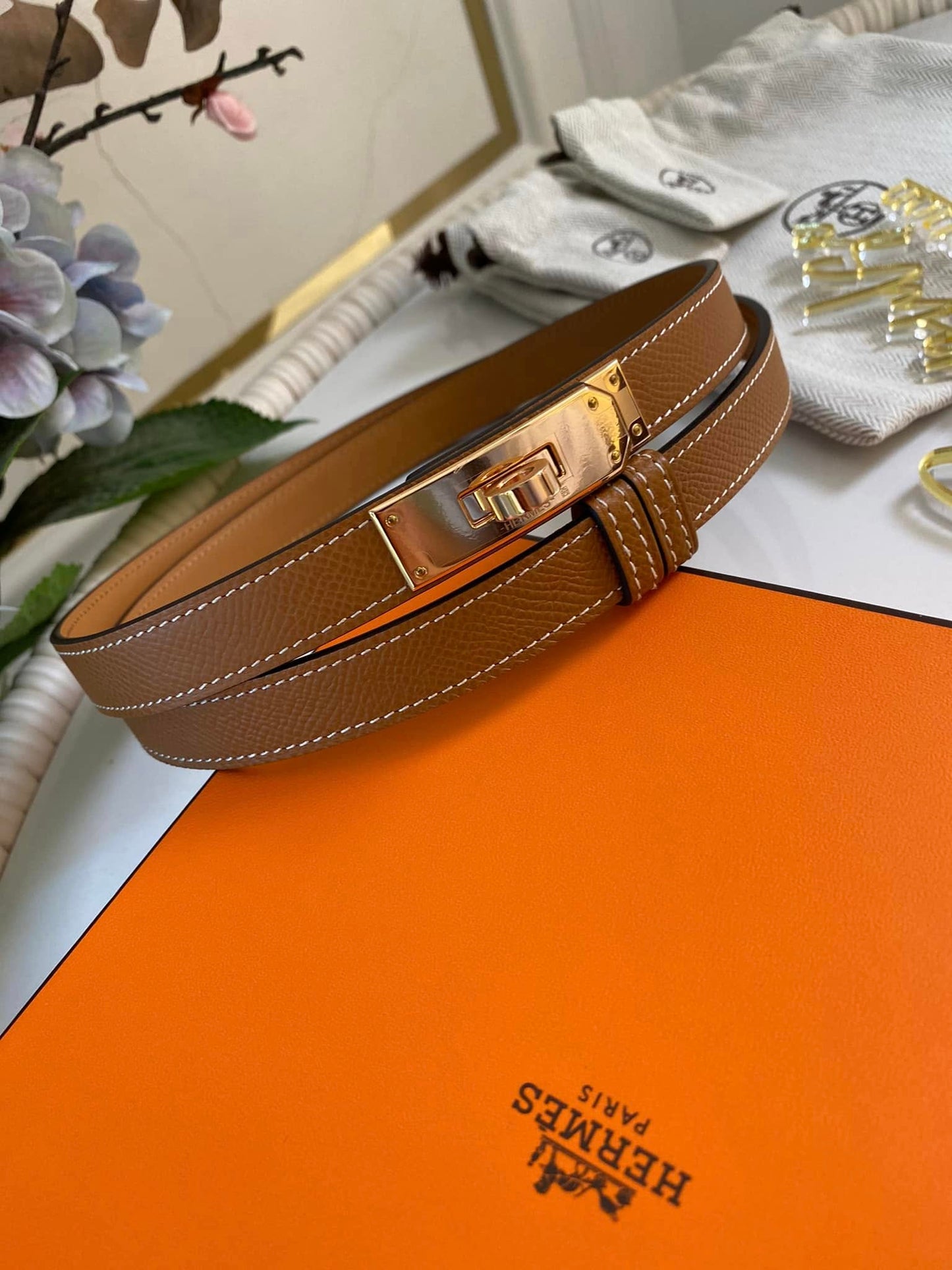 H Kelly Belt Tan GHW