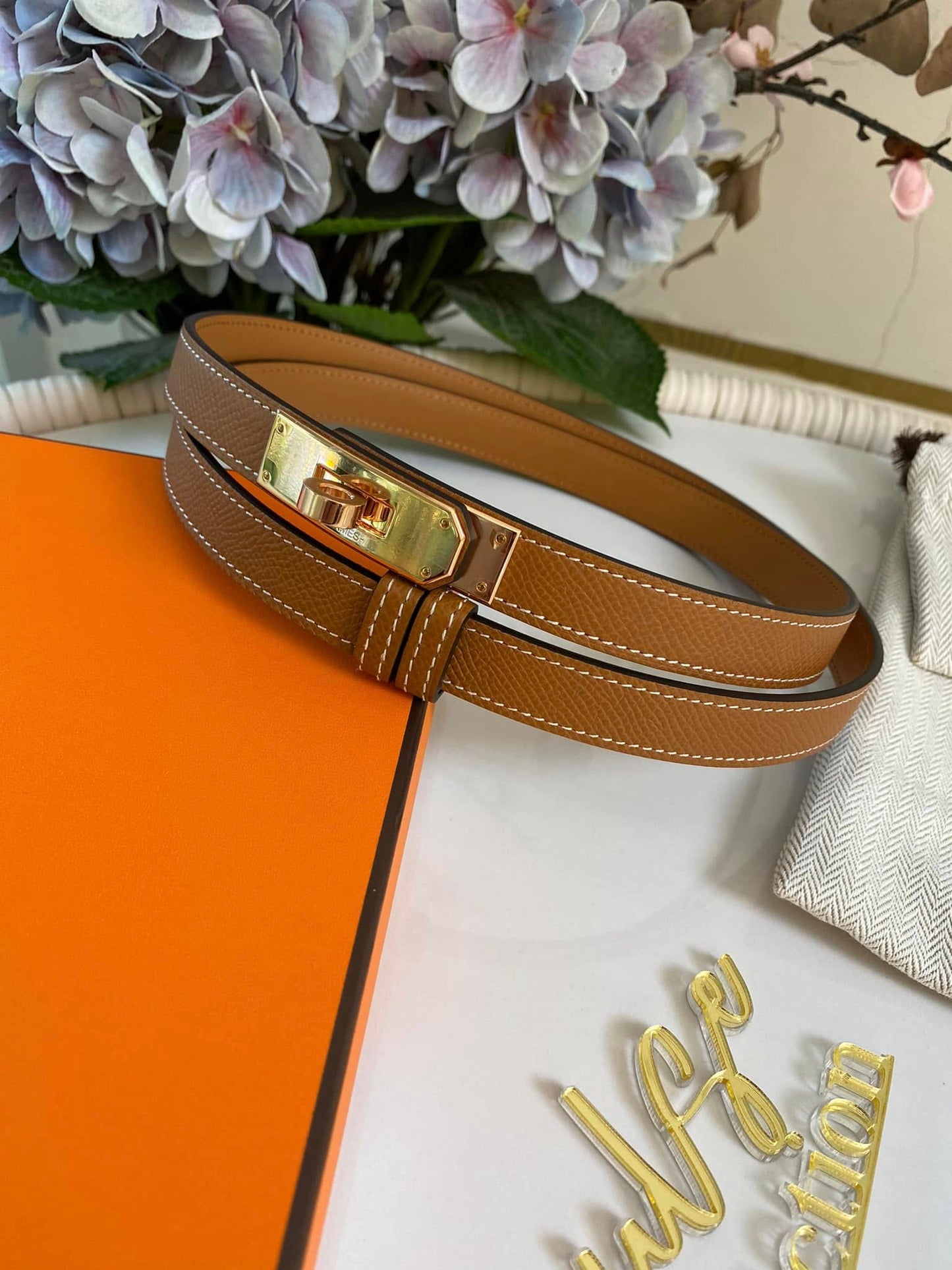 H Kelly Belt Tan GHW