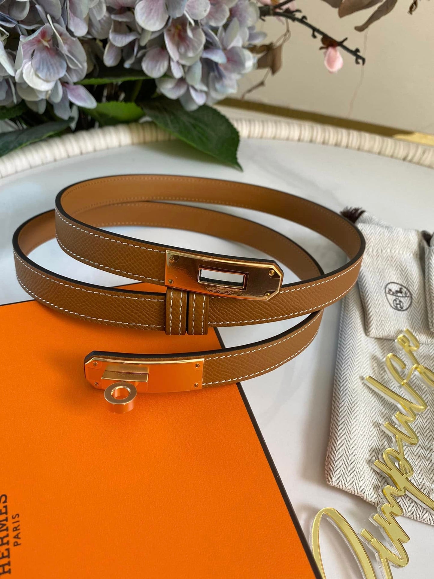 H Kelly Belt Tan GHW