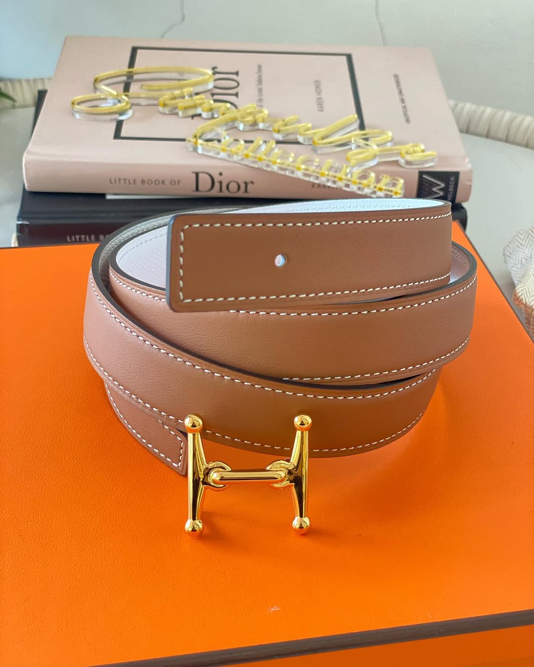 H Belt Reversible Tan/White