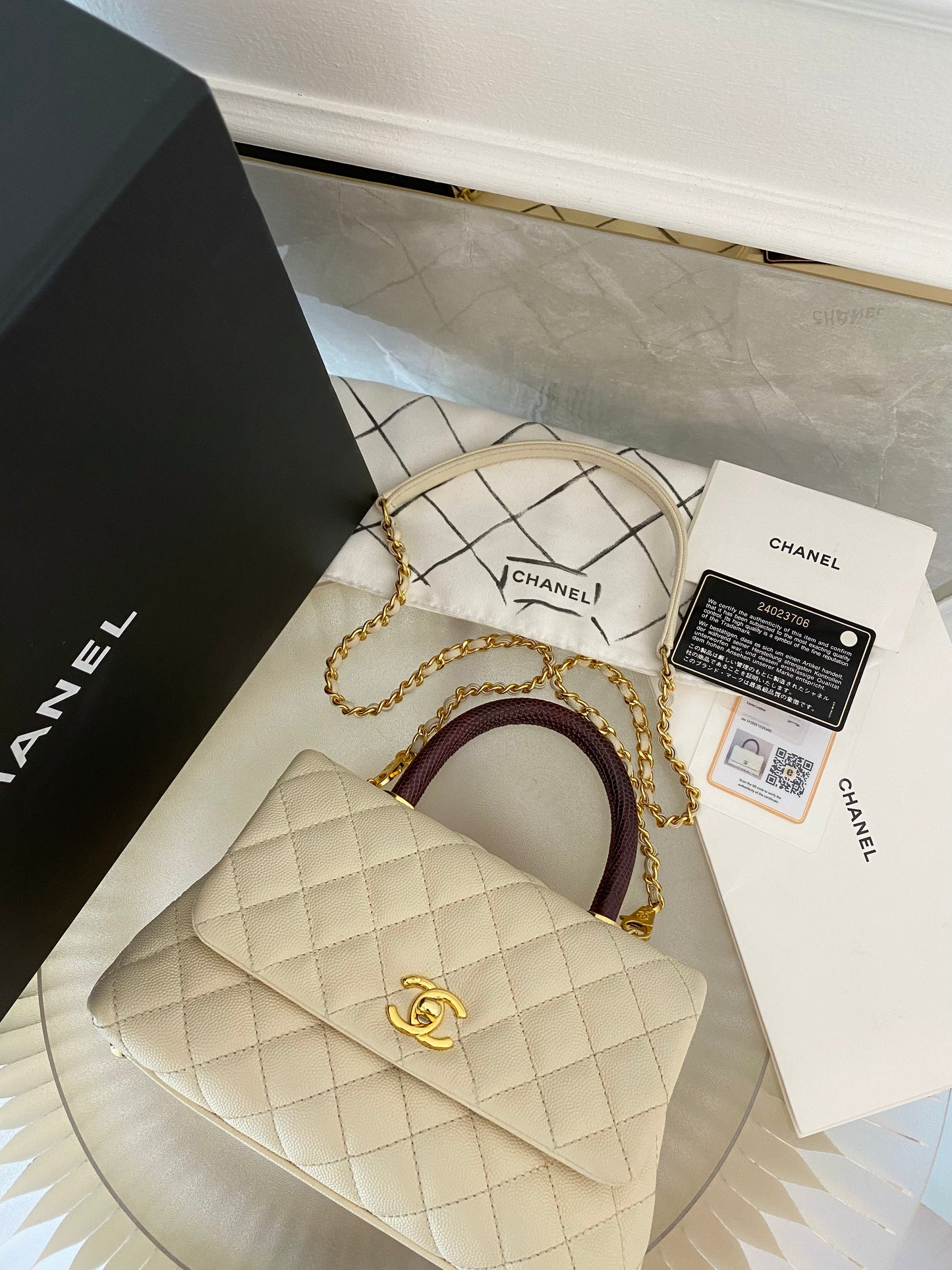 Chanel Coco Off-White Quilted Caviar Lizard Top Handle GHW