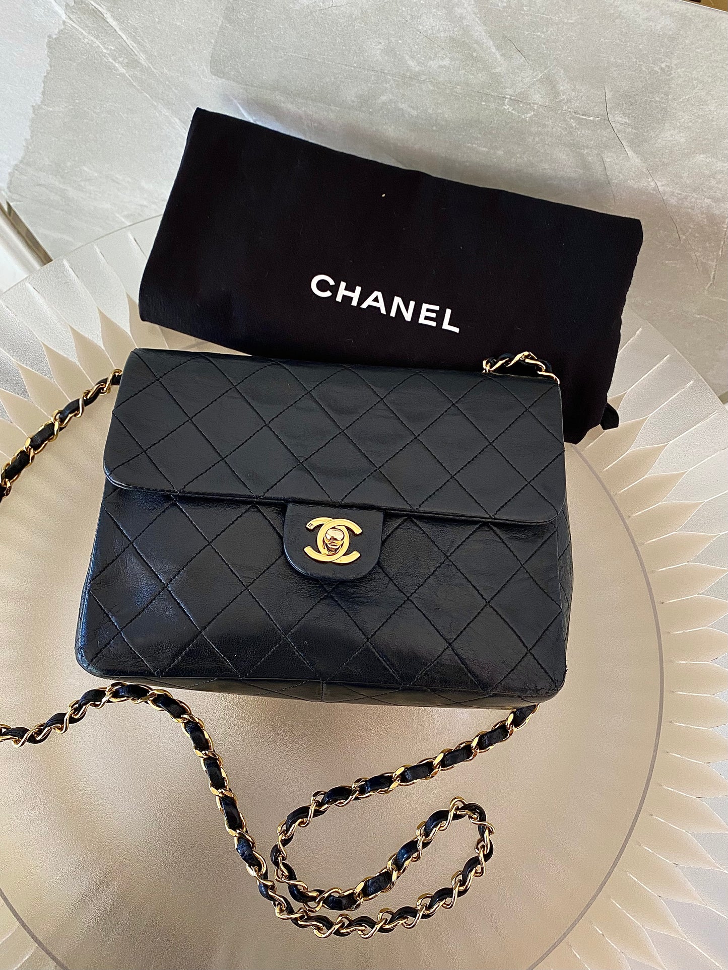 Chanel Vintage Mini Square Flap Lambskin Bag In Black Quilted Lambskin Leather GHW