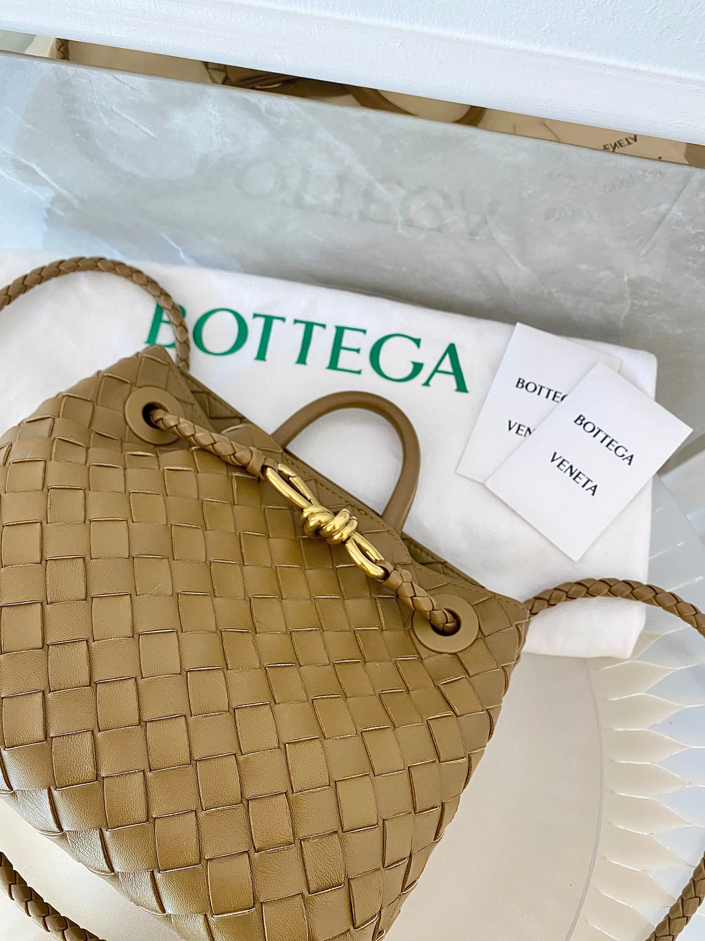 Bottega Veneta Small Andiamo Bag in a Travertine Woven Leather