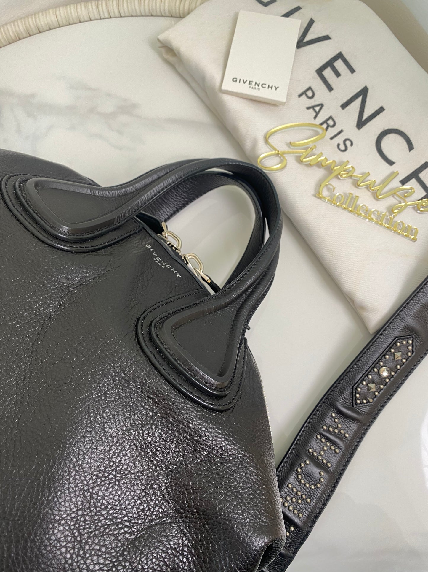 Givenchy Medium Nightingale Black Pebble Leather Signature Studded