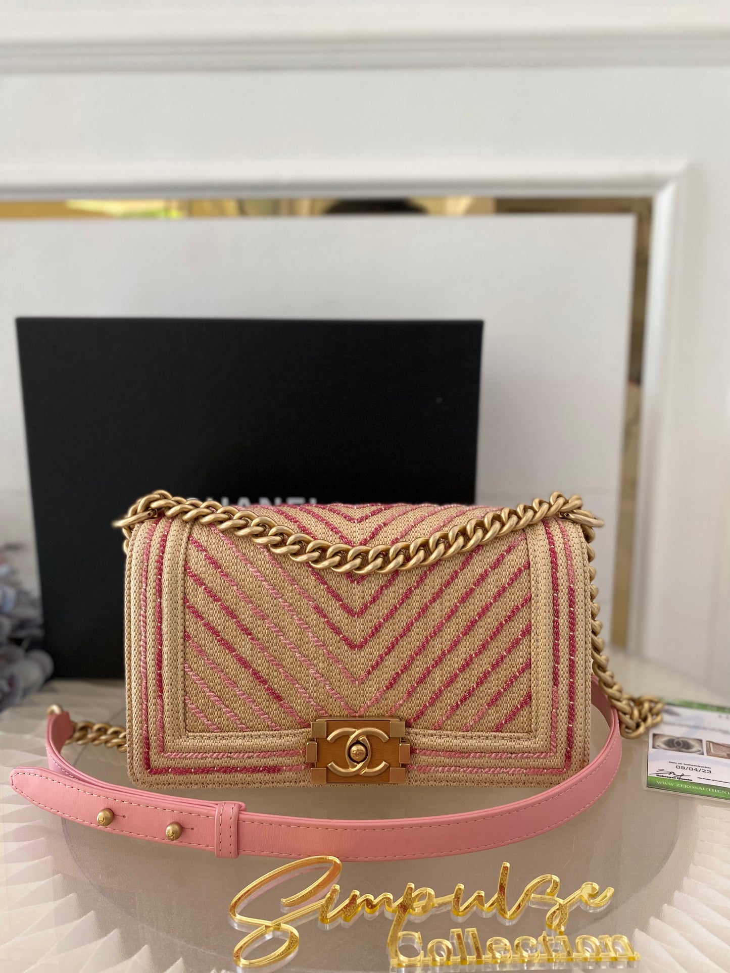 Chanel Leboy Old Medium Chevron Raffia & Leather in Beige/Pink w/ARGHW