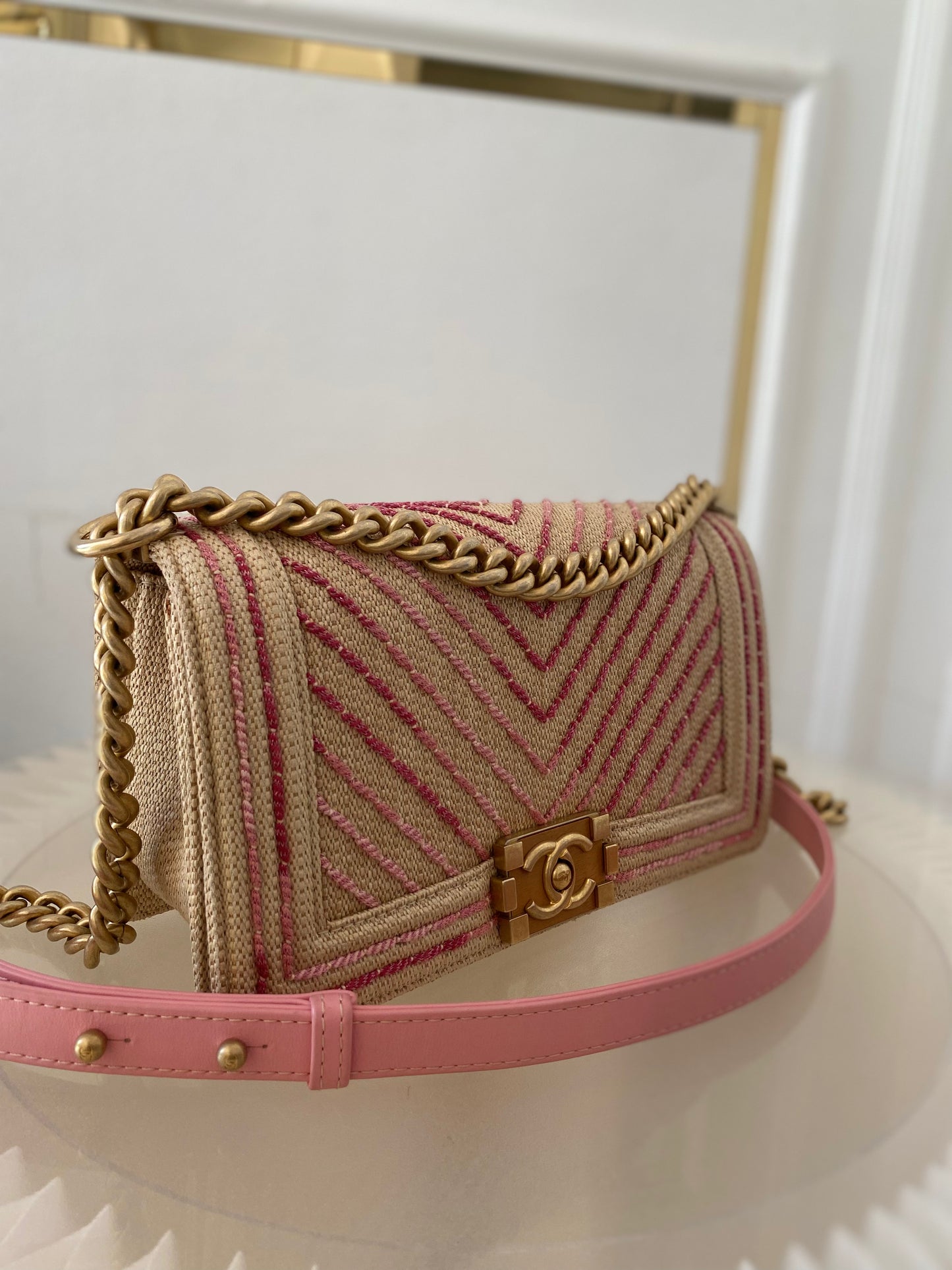 Chanel Leboy Old Medium Chevron Raffia & Leather in Beige/Pink w/ARGHW