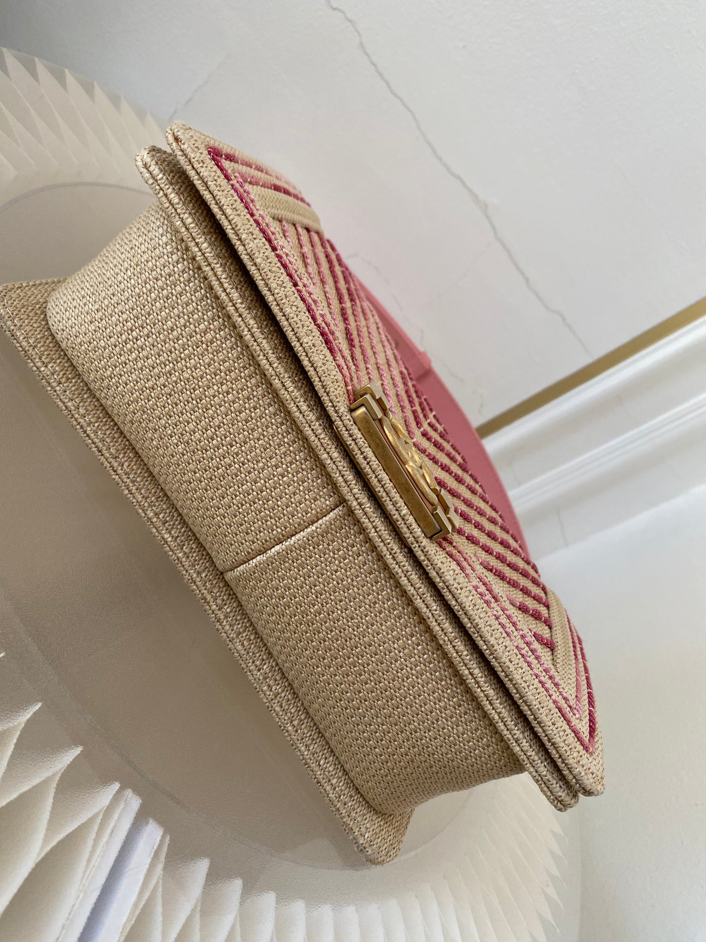 Chanel Leboy Old Medium Chevron Raffia & Leather in Beige/Pink w/ARGHW