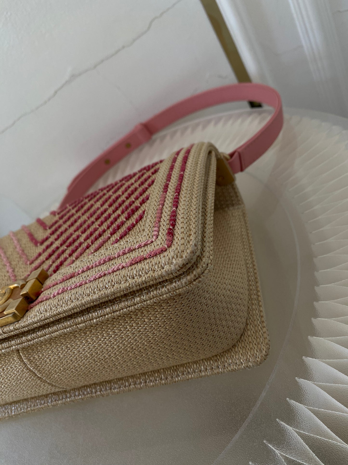 Chanel Leboy Old Medium Chevron Raffia & Leather in Beige/Pink w/ARGHW