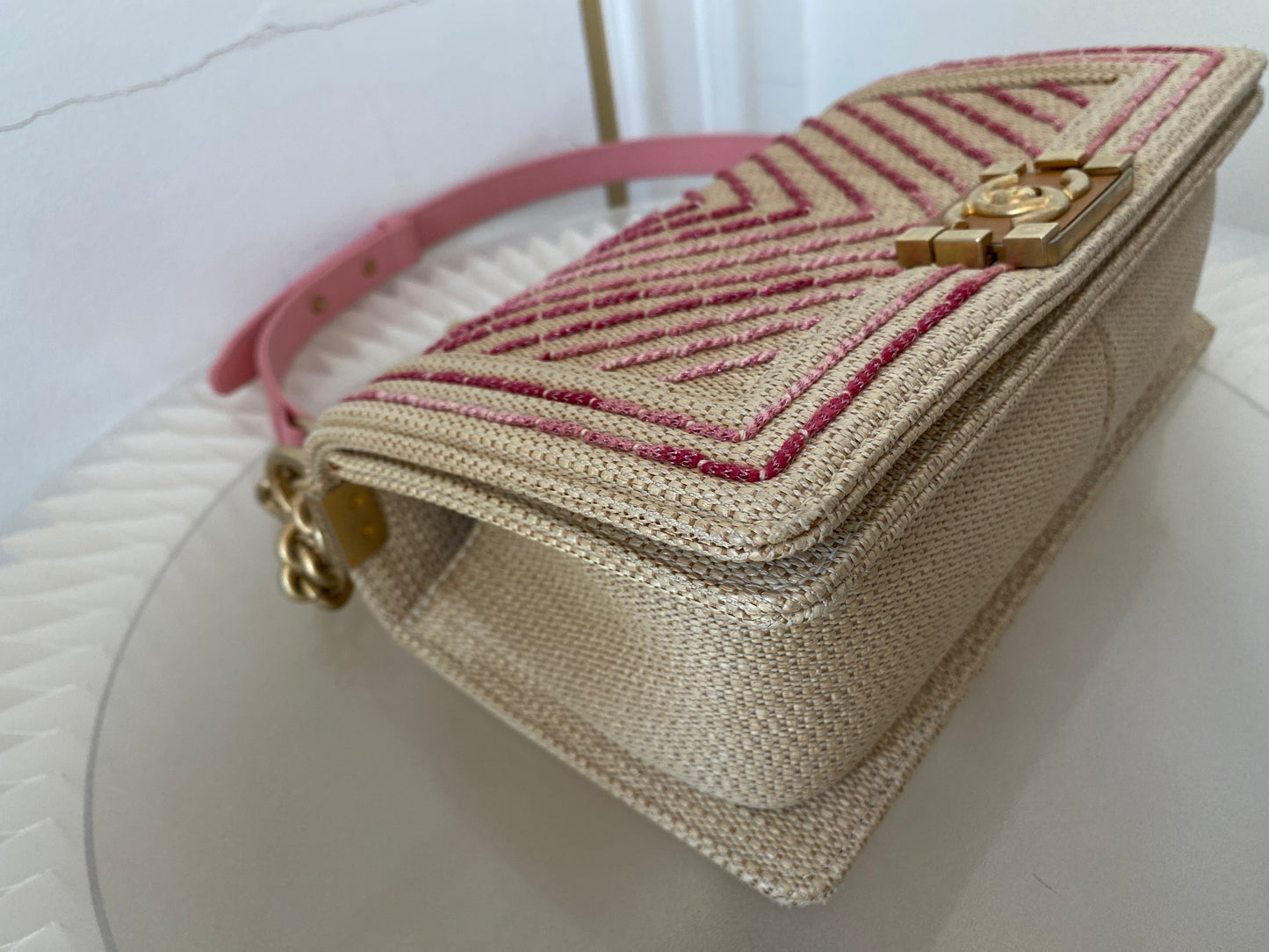 Chanel Leboy Old Medium Chevron Raffia & Leather in Beige/Pink w/ARGHW