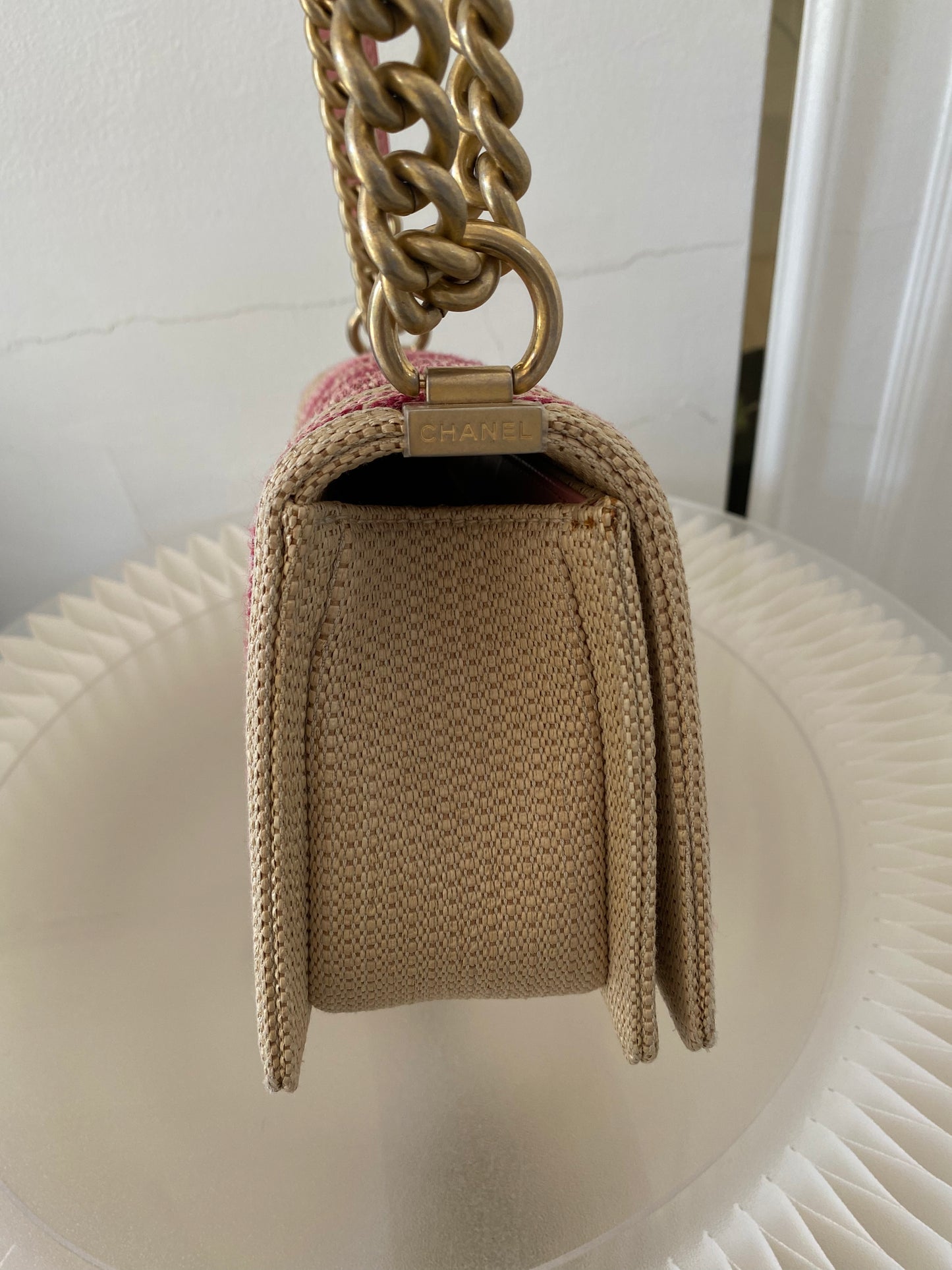 Chanel Leboy Old Medium Chevron Raffia & Leather in Beige/Pink w/ARGHW