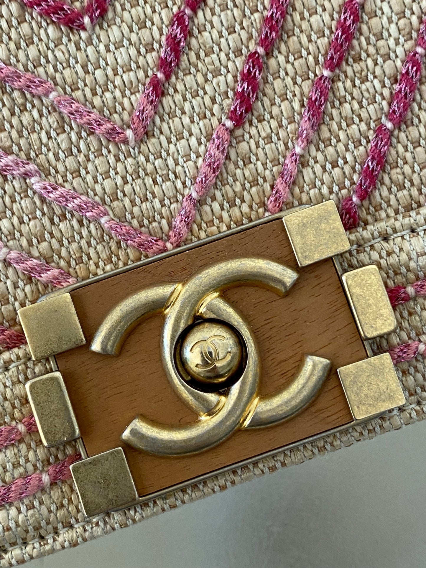 Chanel Leboy Old Medium Chevron Raffia & Leather in Beige/Pink w/ARGHW
