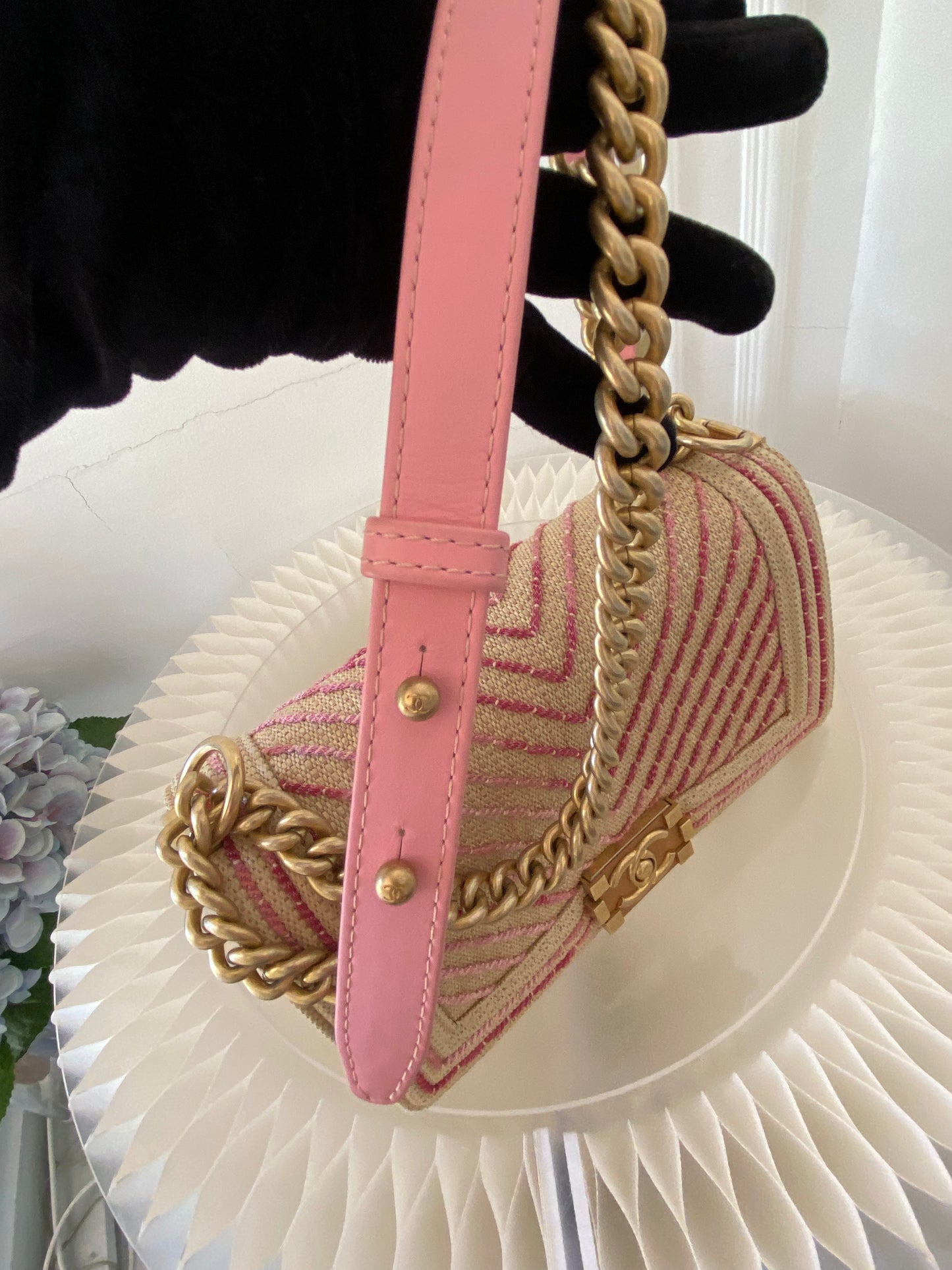 Chanel Leboy Old Medium Chevron Raffia & Leather in Beige/Pink w/ARGHW