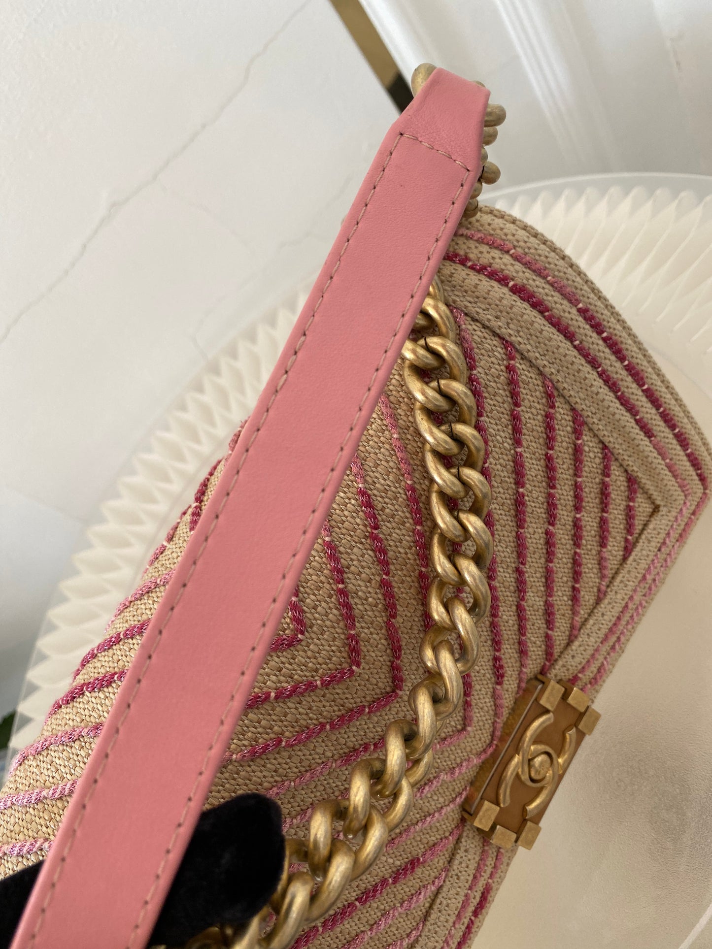 Chanel Leboy Old Medium Chevron Raffia & Leather in Beige/Pink w/ARGHW