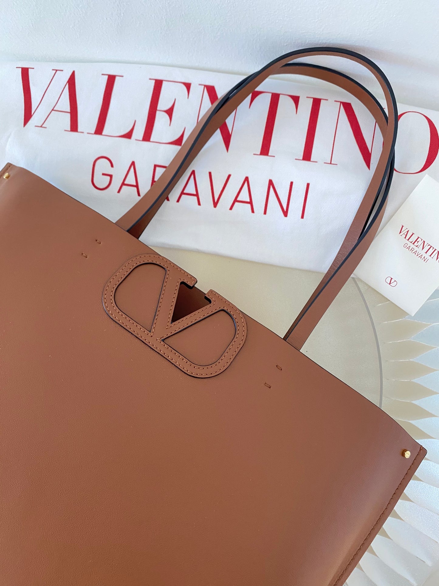 VLTN Fill Me Cognac Brown Calfskin Leather Tote Bag