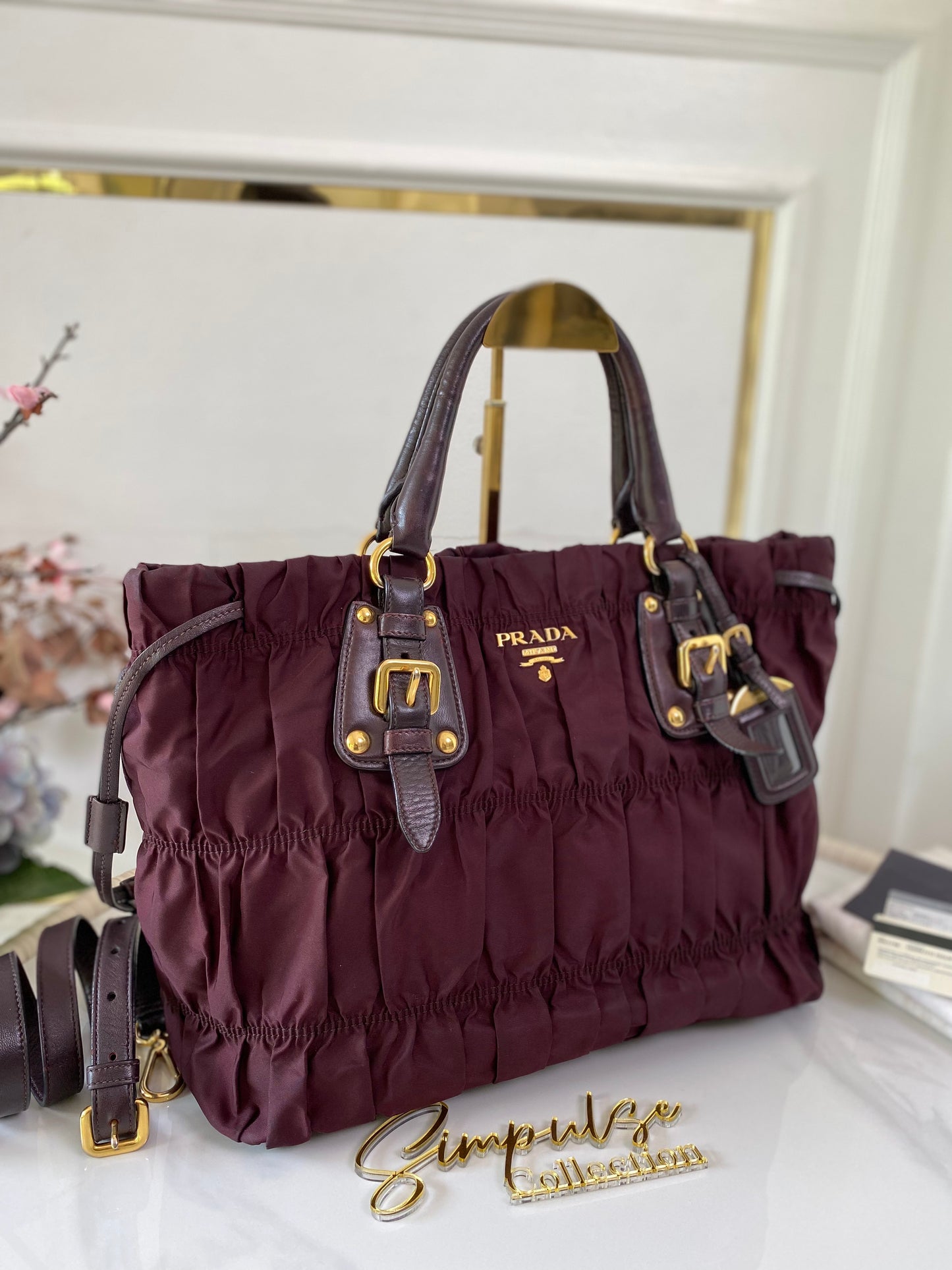 P Tessuto Nylon Gaufre Bordeaux Large Tote