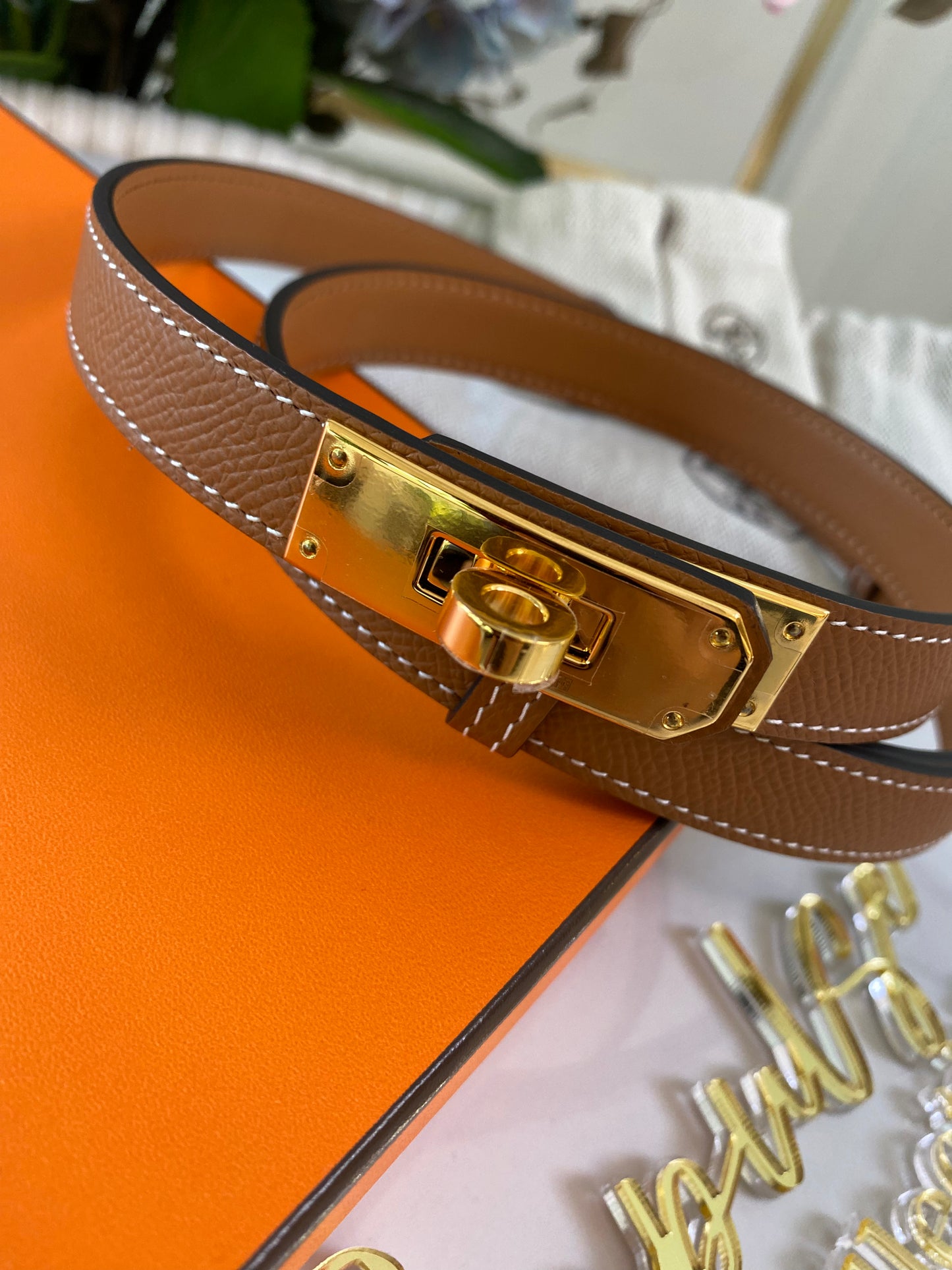 H Kelly Gold Tan Belt GHW