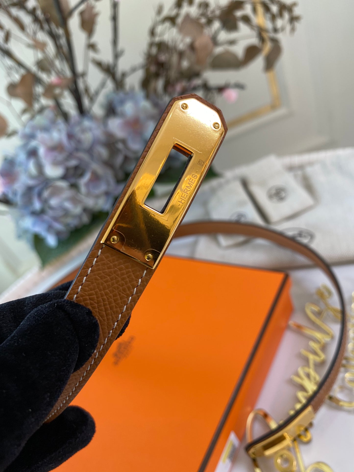 H Kelly Gold Tan Belt GHW