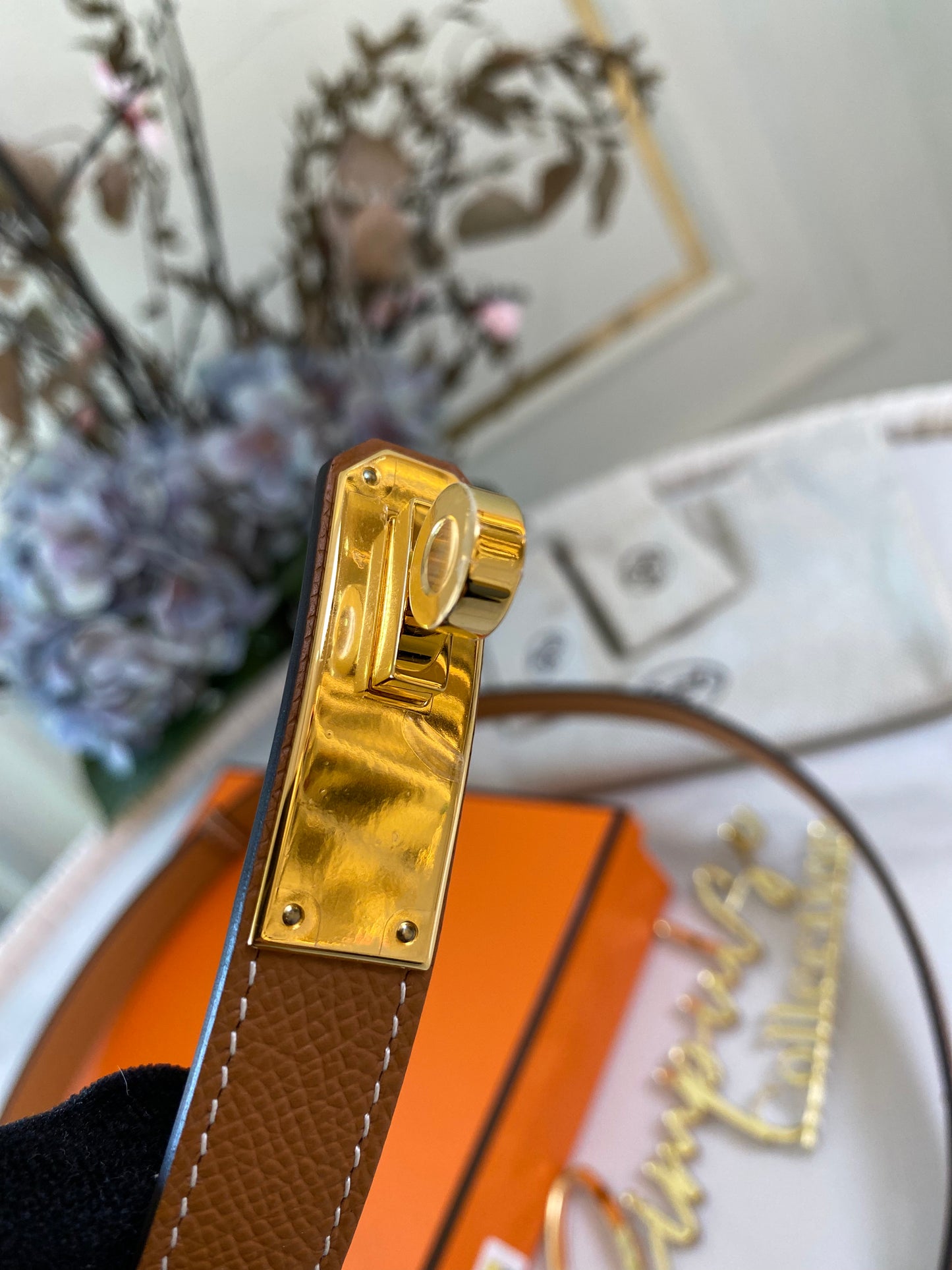 H Kelly Gold Tan Belt GHW