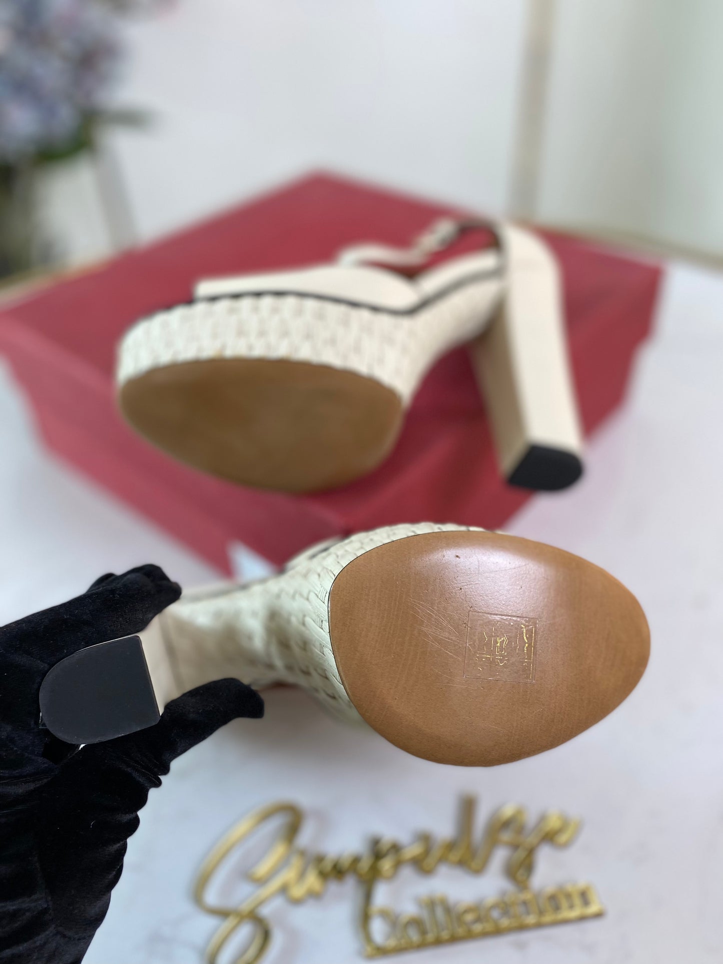 VLTN Cream Leather Platform Ankle Strap Pumps